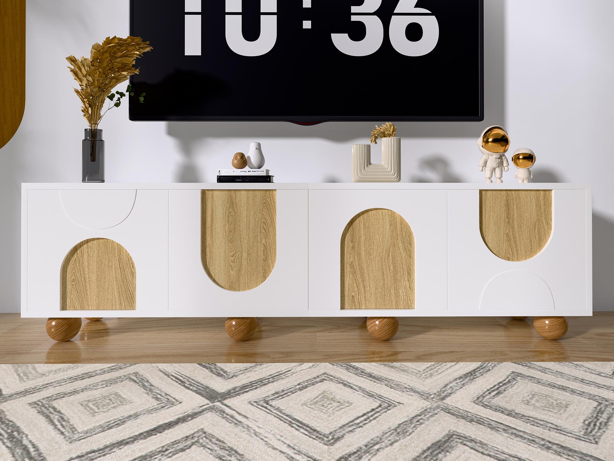 Meble pod TV 175x38x50cm - 4 fronty - wygląd vintage drewna - Drewniane nogi - MDF + płyty wiórowe - Biały i naturalny