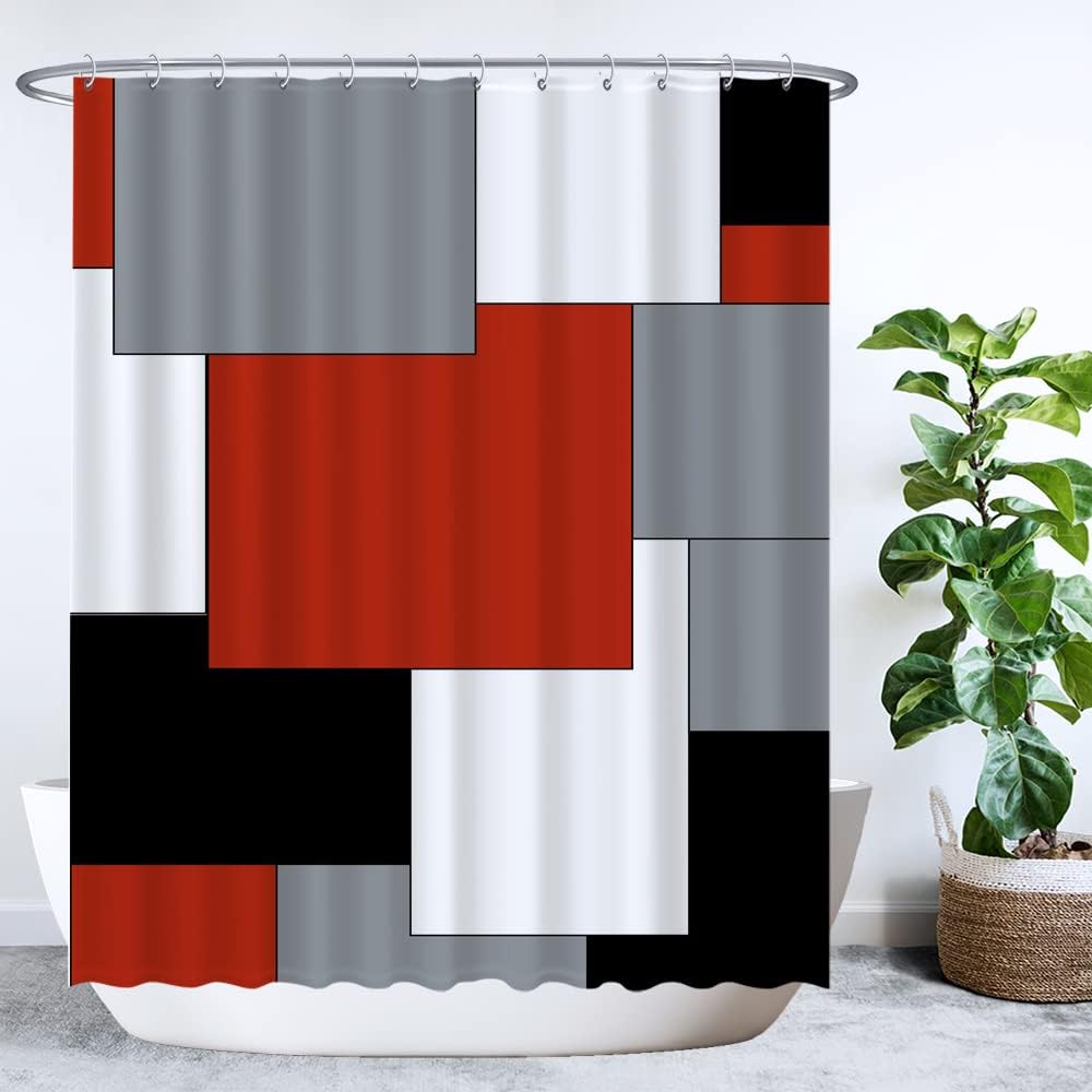 Zasłona prysznicowa - prostokątna - 180 x 200 cm - zmywalna - antypleśniowa - z 12 pierścieniami - czerwono-szaro-czarno-biała