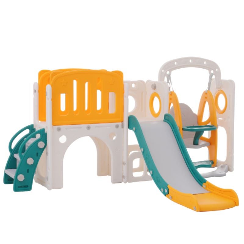 Zjeżdżalnia 7w1 dla dzieci, 40kg, HDPE – zjeżdżalnia, huśtawka, gra dołki, kosz, schody (bez piłek).