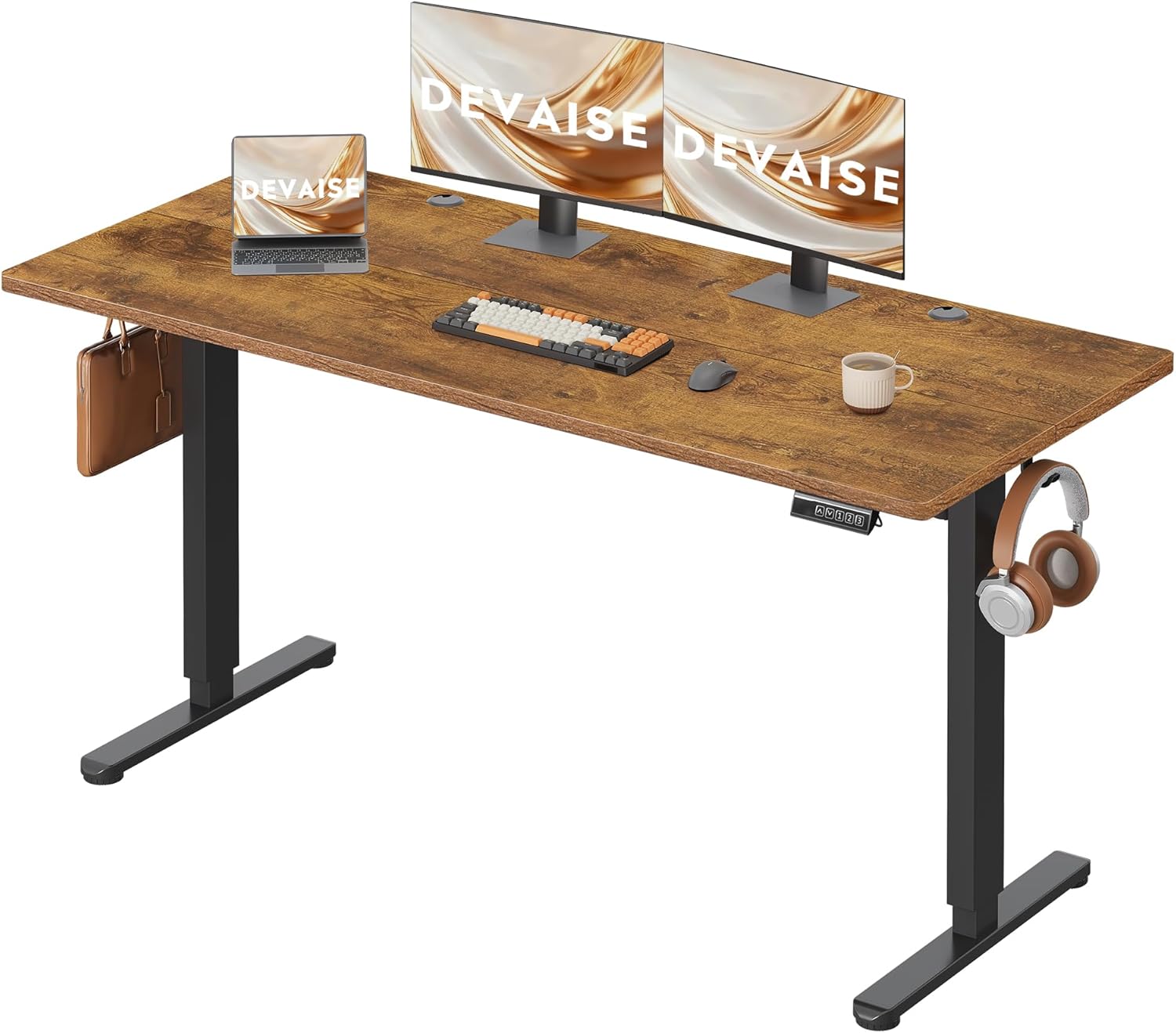 DEVAISE Height-biurko regulowane 160×70 cm, cichy silnik z 3 wysokość pamięć Settings, Adjustment Range 72–118 cm, brązowy
