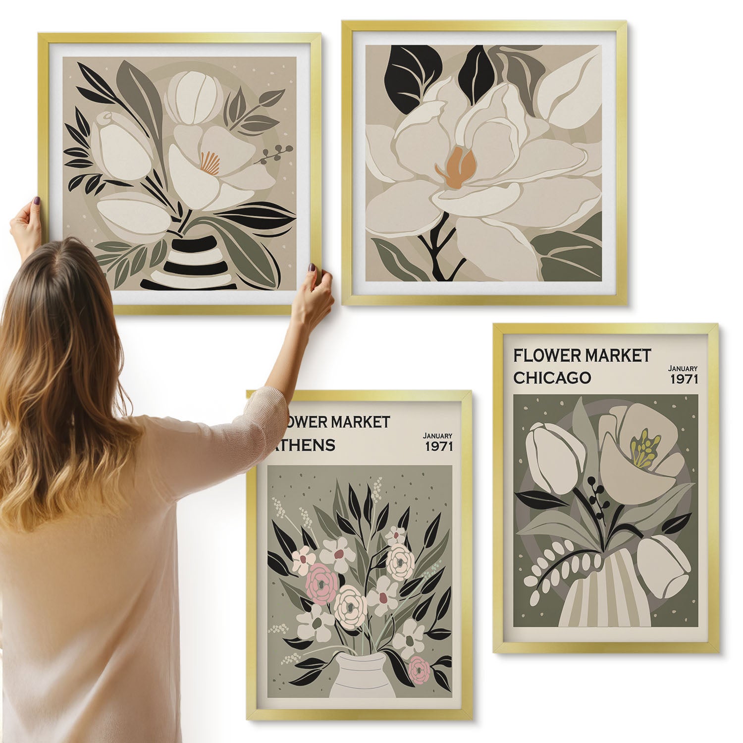 Galeria ścienna 4-częściowy komplet obrazów w złotych ramach - Kwiatowe kompozycje z różnych miast w stylu retro - ArtPrintCave