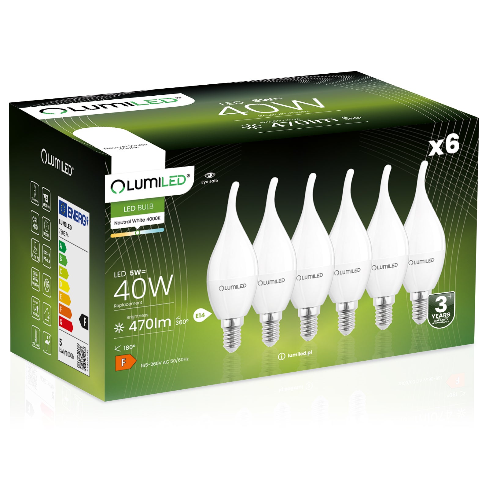 6x Żarówka Lumiled LED E14 Świeczka BA35 5W = 40W 470lm 4000K Neutralna 180st