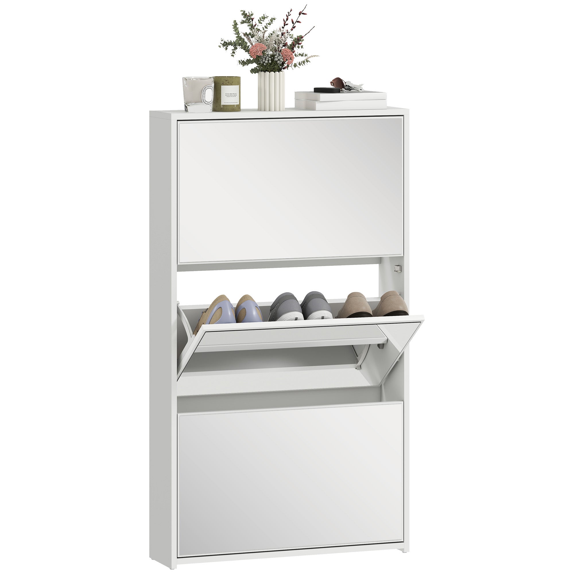 Wąski Szafka na buty z Lustro, 3 drzwi, do przedpokój/korytarz - Holds 9 par butów, 65 x 17 x 114.5 cm, biały