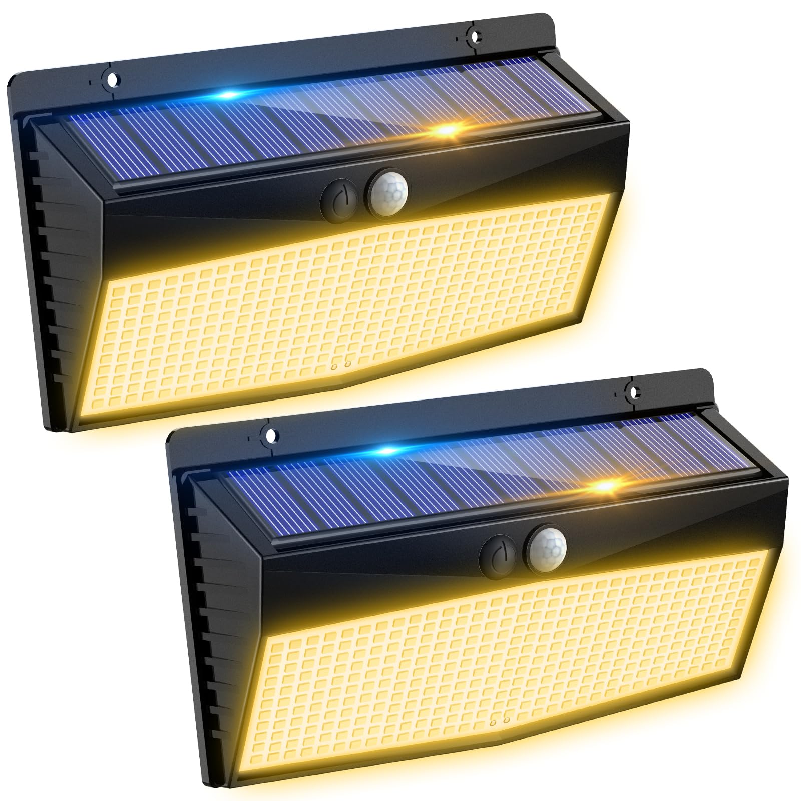 Zestaw 2 wodoodpornych zewnętrznych lamp solarnych ściennych z czujnikiem ruchu, 368 LED, 3 tryby oświetlenia, światło krajobrazowe, ciepłe światło