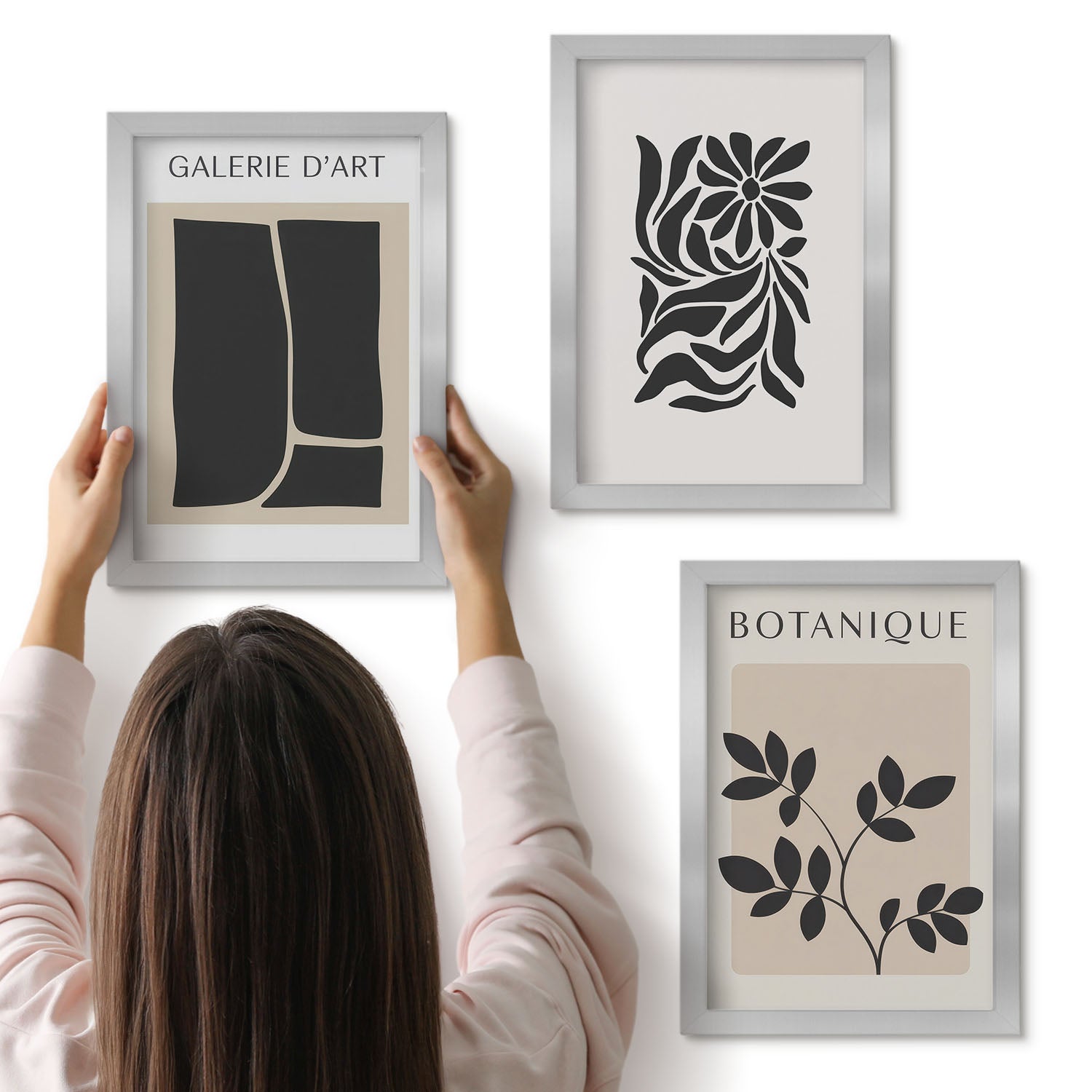 Galeria ścienna 3-częściowy komplet obrazów w srebrnych ramach - Abstrakcyjne wzory roślinne i geometryczne kształty - ArtPrintCave