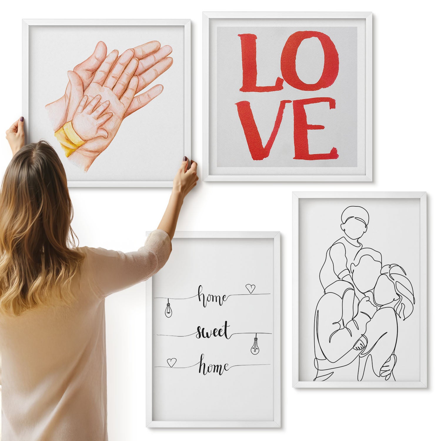 Galeria ścienna 4-częściowy komplet obrazów w białych ramach - Rodzinne ilustracje napisy do domu o życiu i miłości - ArtPrintCave