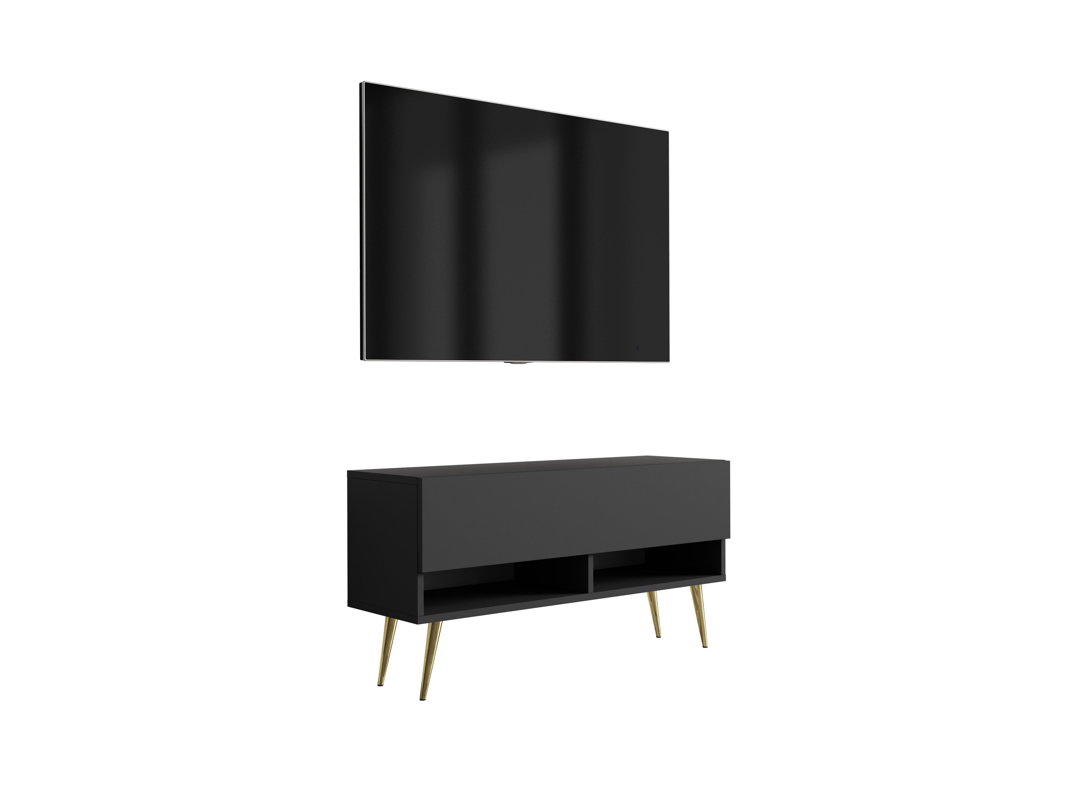 Szafka pod telewizor 100 cm Czarny Mat, nóżki pochyłe złote, 100 × 32 × 52 cm