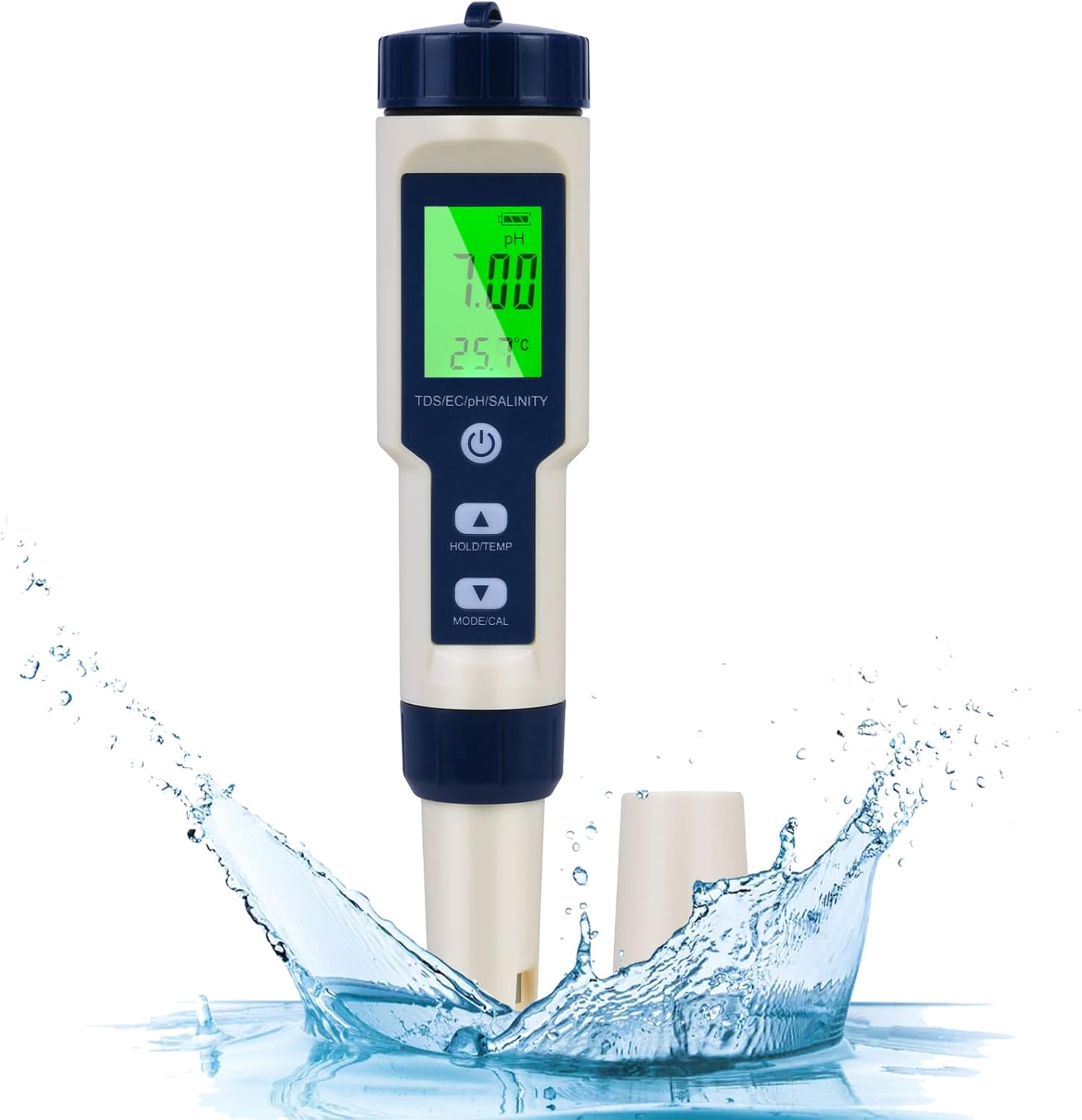 5 w 1 elektroniczny tester pH z podświetlanym wyświetlaczem LCD do badania jakości wody (pH/TDS/EC/temperatura/zasolenie).