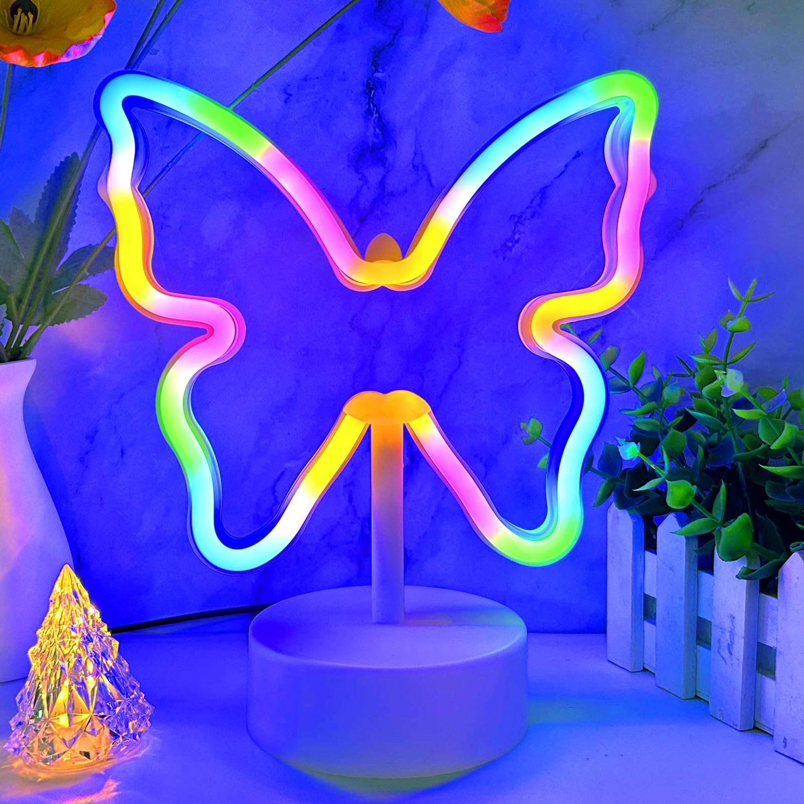 Kolorowa lampka stołowa motyl 2 sztuki, dekoracyjna lampka nocna LED, zasilana baterią + podwójne zastosowanie USB