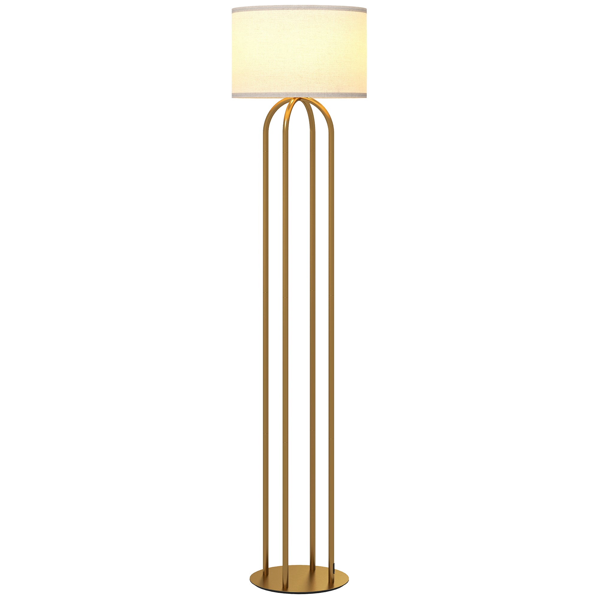 Lampa stojąca do salonu, lampa podłogowa z lnianym abażurem i włącznikiem nożnym, Ø 38 x 161 cm, kolor złoty i beżowy