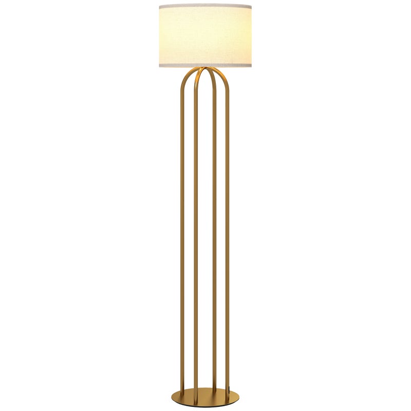 Lampa stojąca do salonu, lampa podłogowa z lnianym abażurem i włącznikiem nożnym, Ø 38 x 161 cm, kolor złoty i beżowy