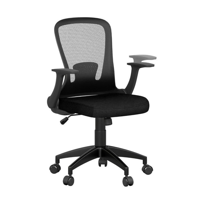Ergonomiczny fotel biurowy ze składanymi podłokietnikami i podparciem lędźwiowym