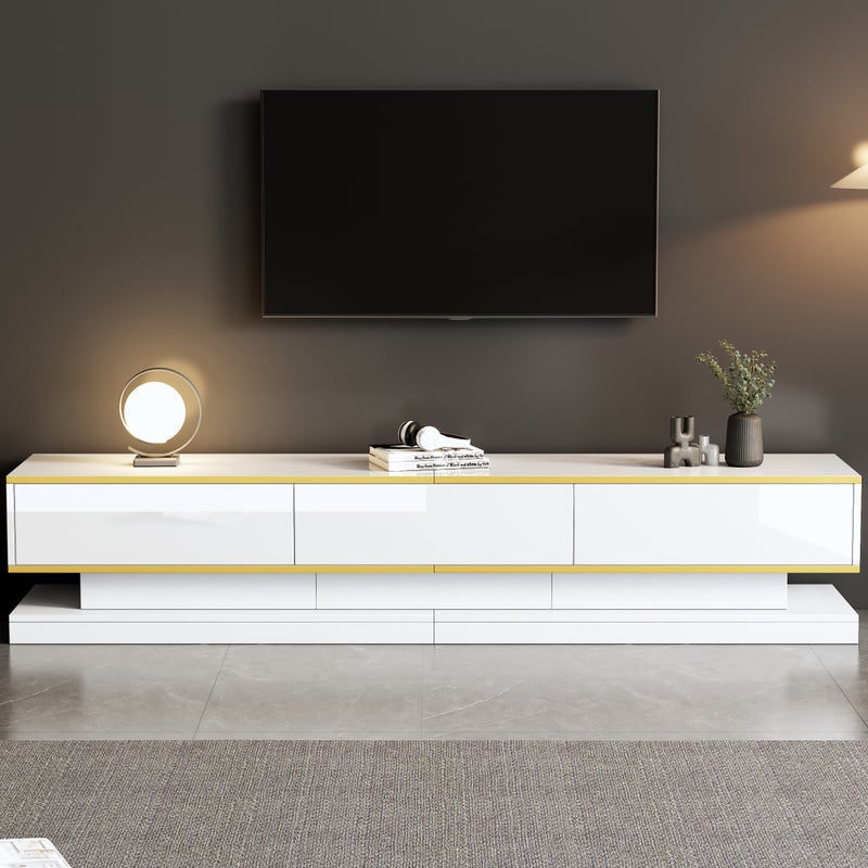 Błyszcząca szafa pod TV 200x40x40 cm - 3 szuflady - Płyta wiórowa - Biała
