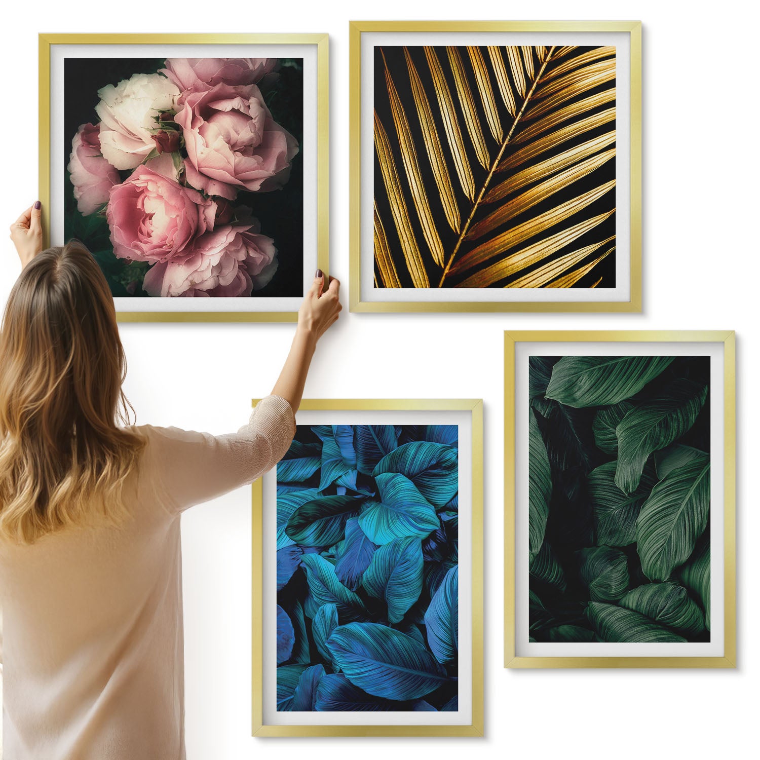 Galeria ścienna 4-częściowy komplet obrazów w złotych ramach - Liście i kwiaty w różnych kolorach - ArtPrintCave