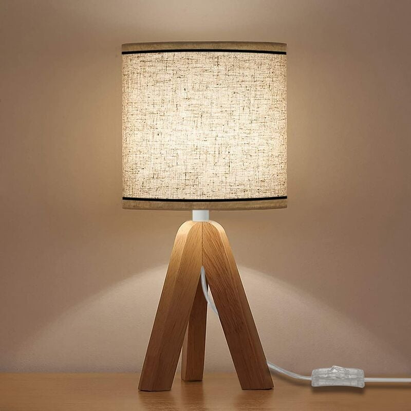 Drewniana lampka nocna na trójnogu, klosz z lnu E27, lampka nocna retro, lampka stołowa do sypialni, salonu, biura