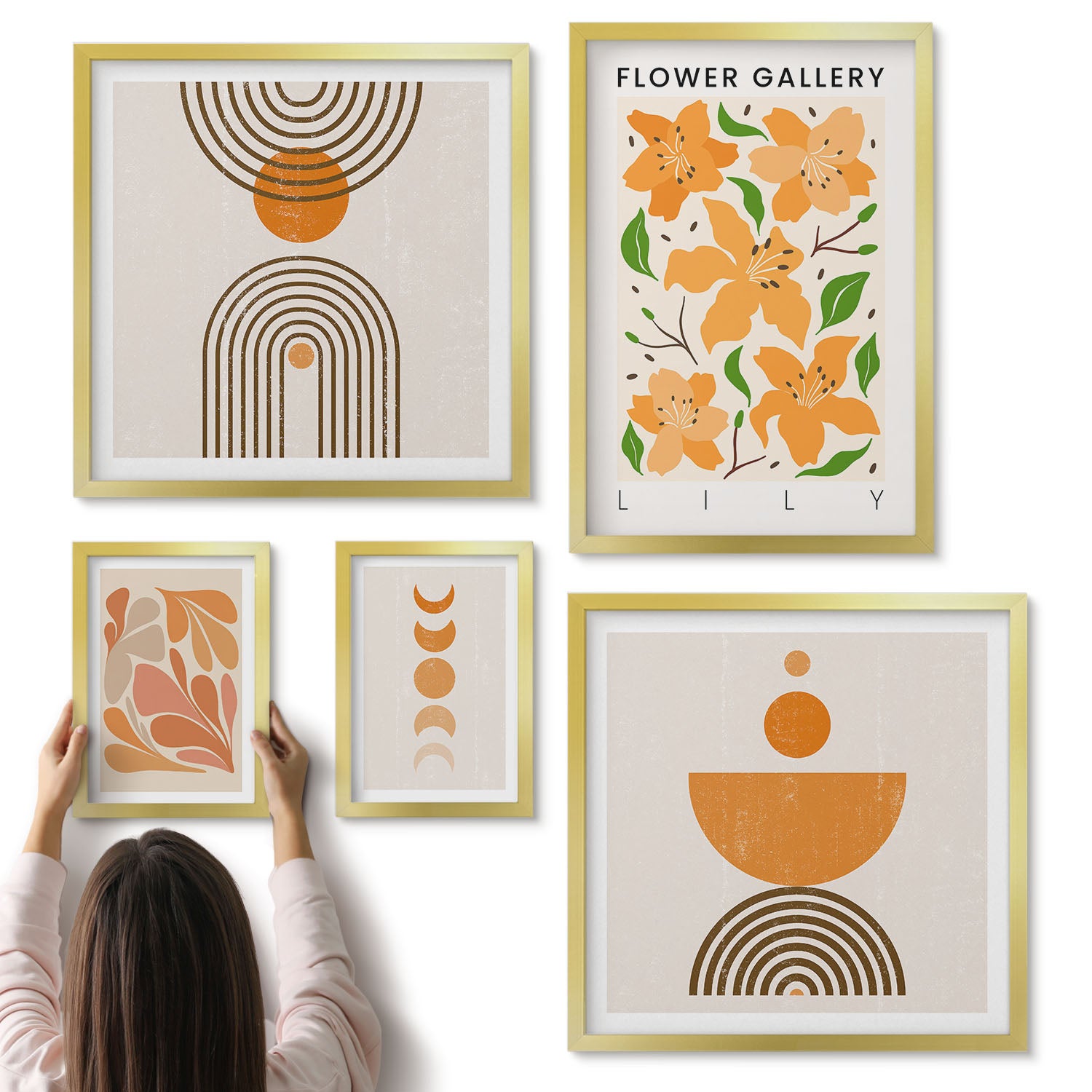 Galeria ścienna 5-częściowy komplet obrazów w złotych ramach - Stylowe grafiki z kwiatami i geometrycznymi wzorami - ArtPrintCave