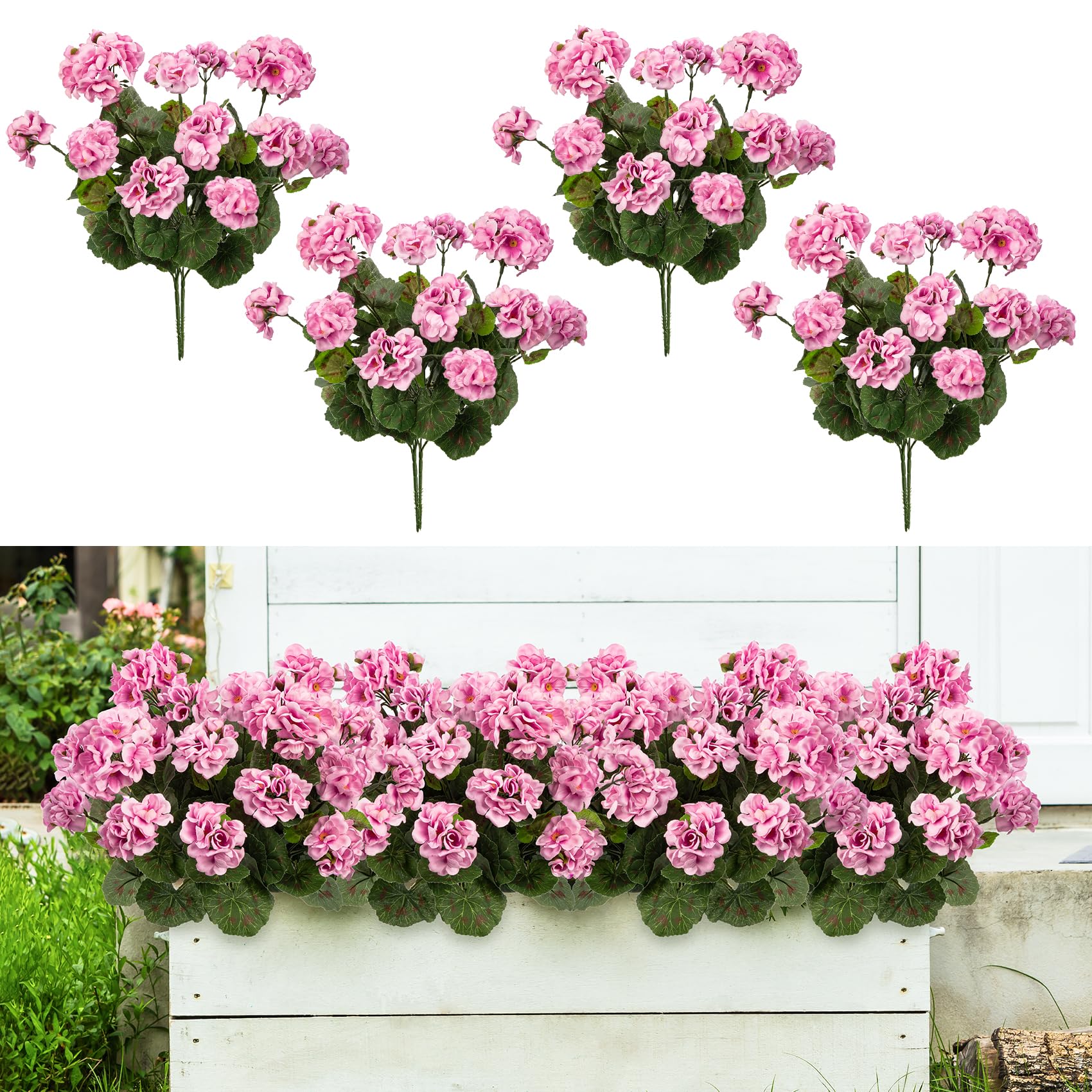 8 szt. sztucznych pelargonii odpornych na UV, do ogrodu/balkonu/tarasu/ganku, wiosna-lato, kolor różowy.
