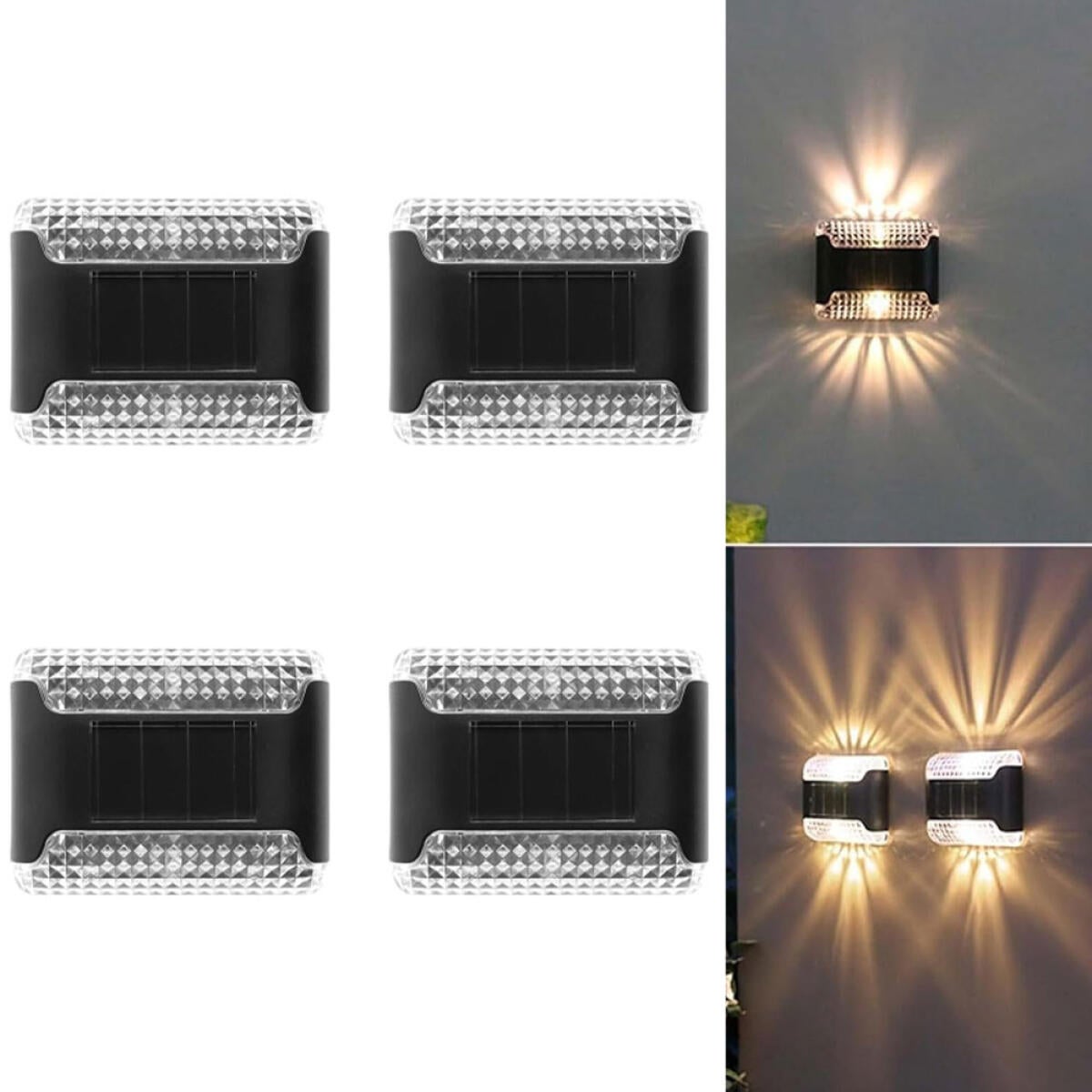 Lampy solarne zewnętrzne, 4 sztuki, stopień ochrony IP44, zasilane energią słoneczną, zewnętrzne lampy ścienne, ciepłe światło.