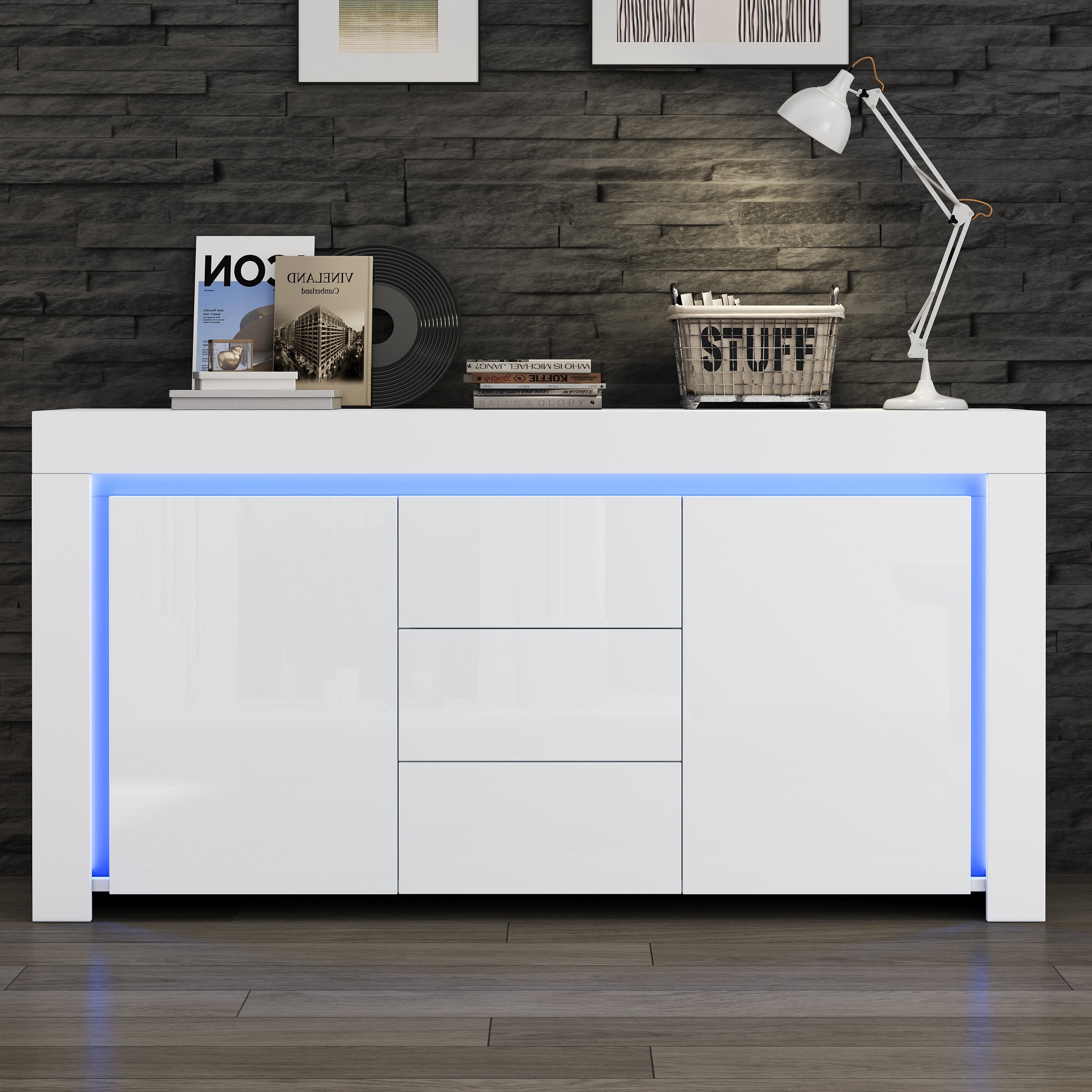 Kredens 140 x 40 x 65 cm - 3 szuflady i 2 drzwi - z oświetleniem LED - wykończenie na wysoki połysk - biały