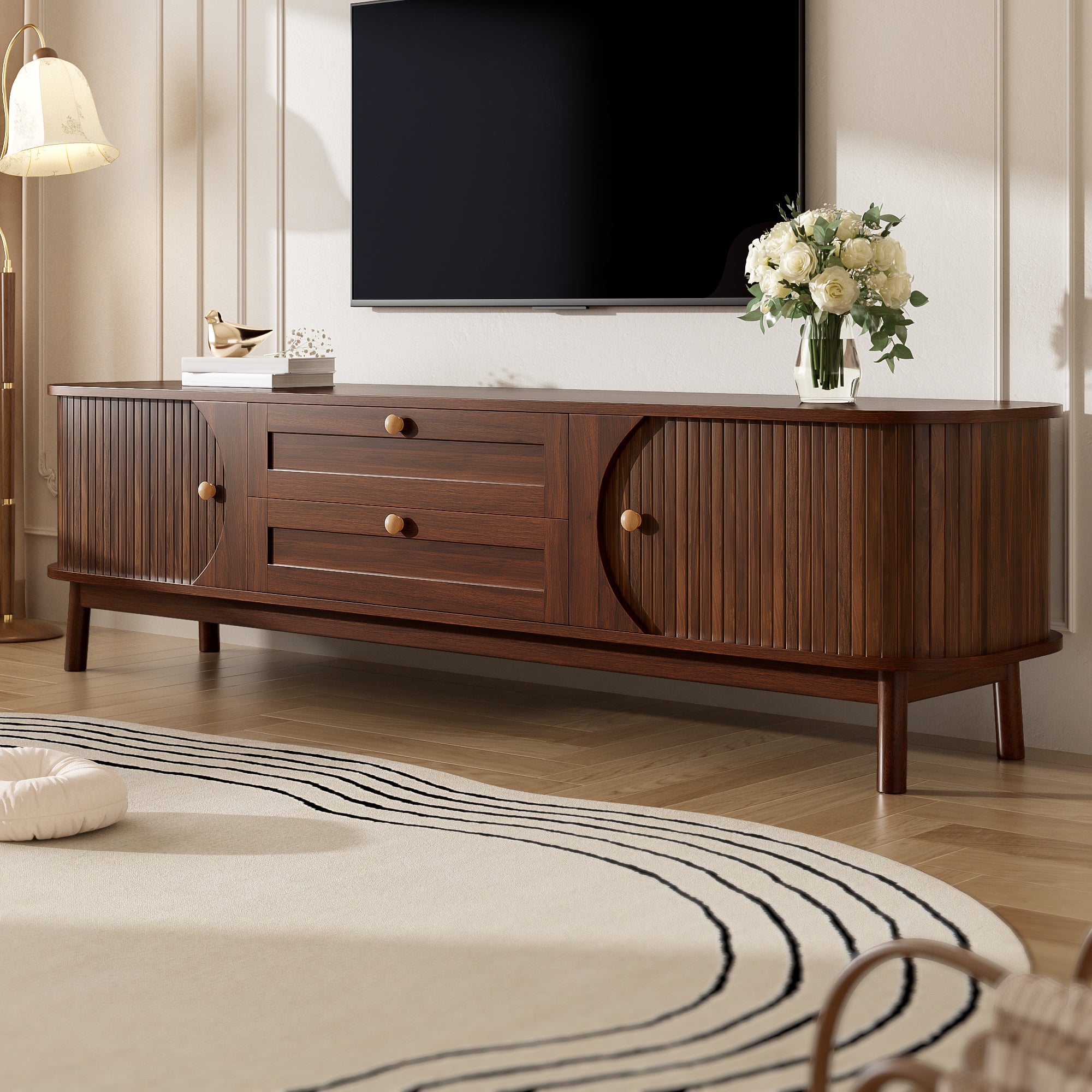 Nowoczesne meble TV z drewna - 170x39,5x46 cm - z 2 szufladami i 2 drzwiami przesuwnymi - Wykończenie drewnopodobne - MDF - Brązowy