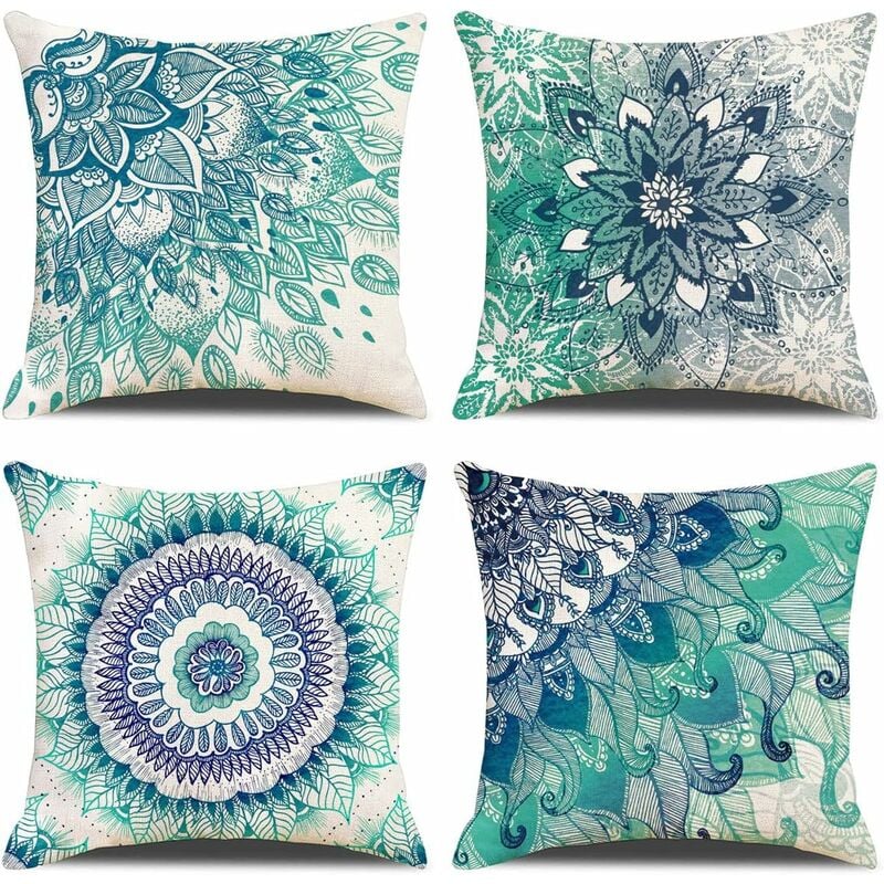 45 x 45 cm (Bleu Mandala) Poszewka na poduszkę, Zestaw 4 dekoracyjnych lnianych powłoczek na poduszki do dekoracji sofy, sypialni, domu