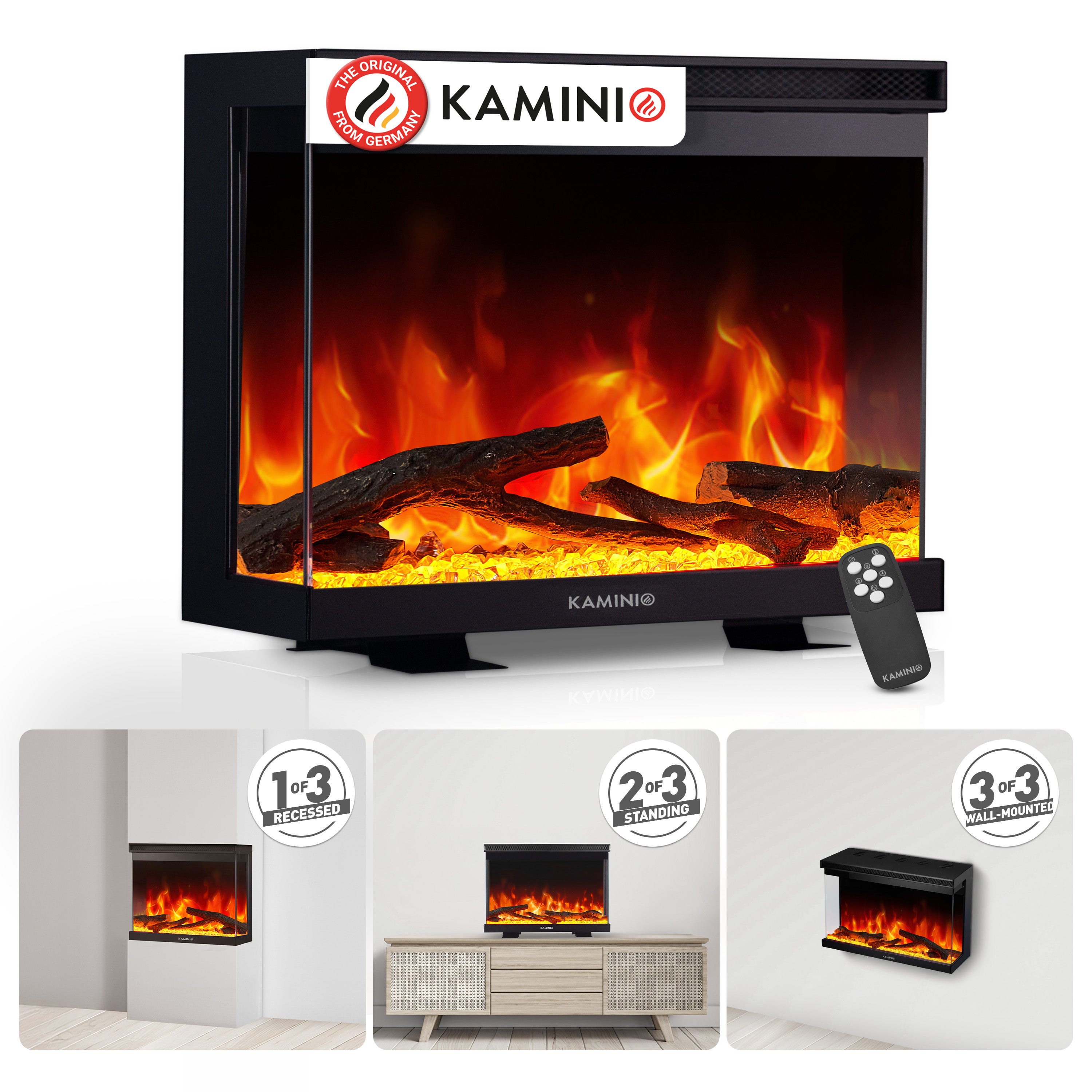 KAMINIO Kominek elektryczny LEA – kominek 3 w 1 z panoramicznym widokiem, ogrzewaniem, efektem płomienia, 12 kolorami płomienia, pilotem – 30 cale