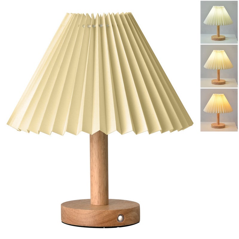 Bezprzewodowa plisowana lampa stołowa vintage drewniana lampka nocna lampka biurkowa dekoracyjna ładowalna beżowa temperatura barwowa
