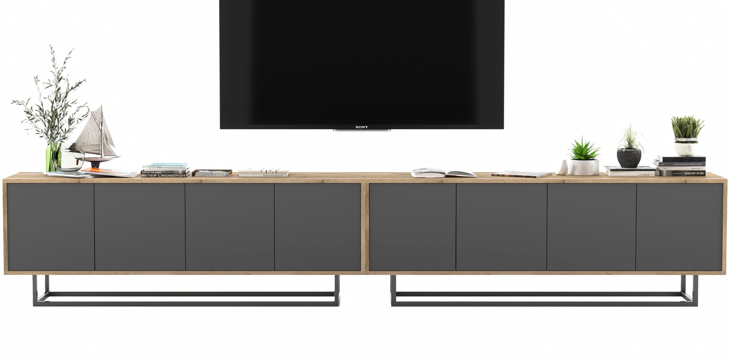 Szafka RTV Loft industrialna 300 cm grafit mat, nowoczesna komoda pod telewizor do salonu