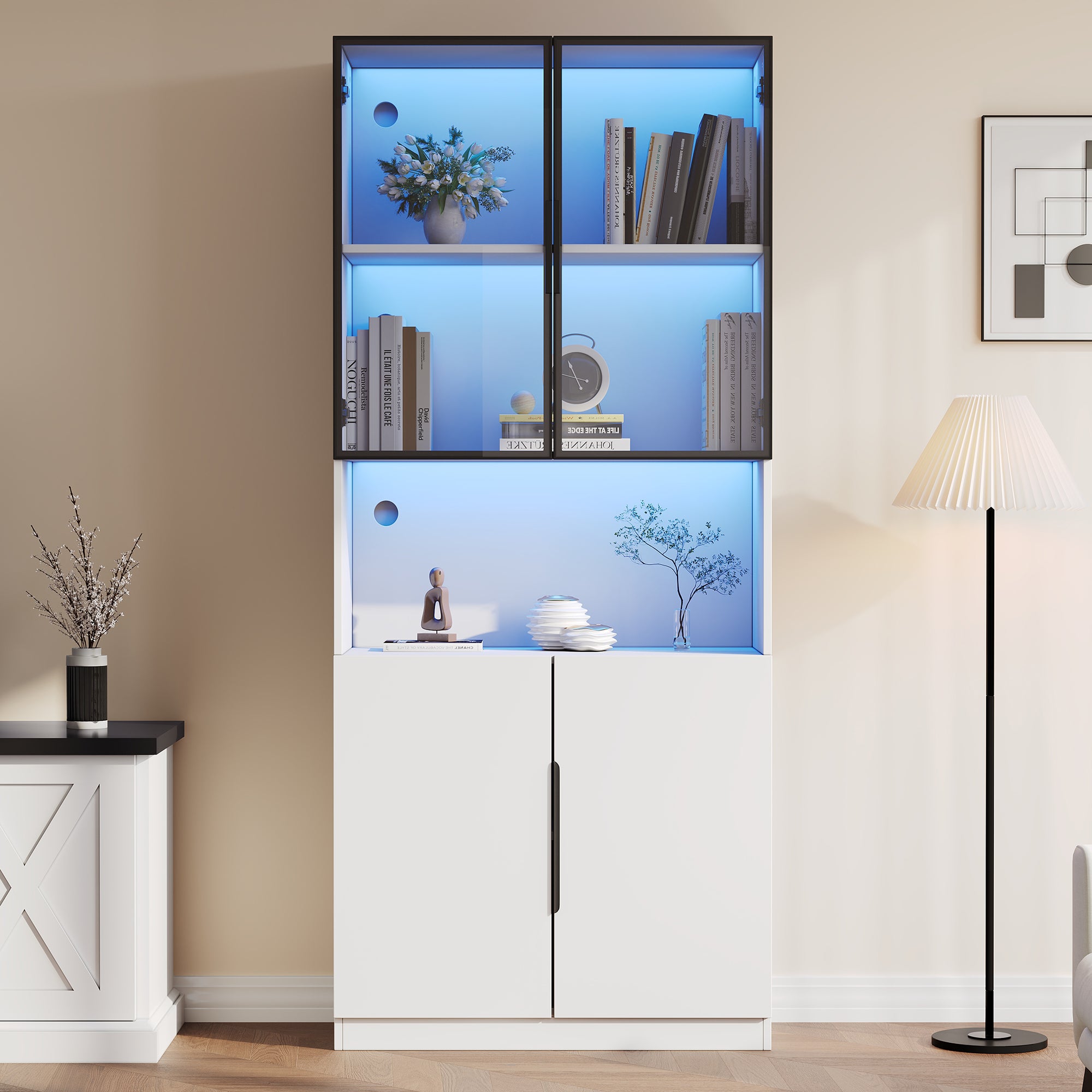 Nowoczesna witryna 80x30x200 cm - oświetlenie LED - 4 drzwi - regulowane półki - płyta wiórowa - biały