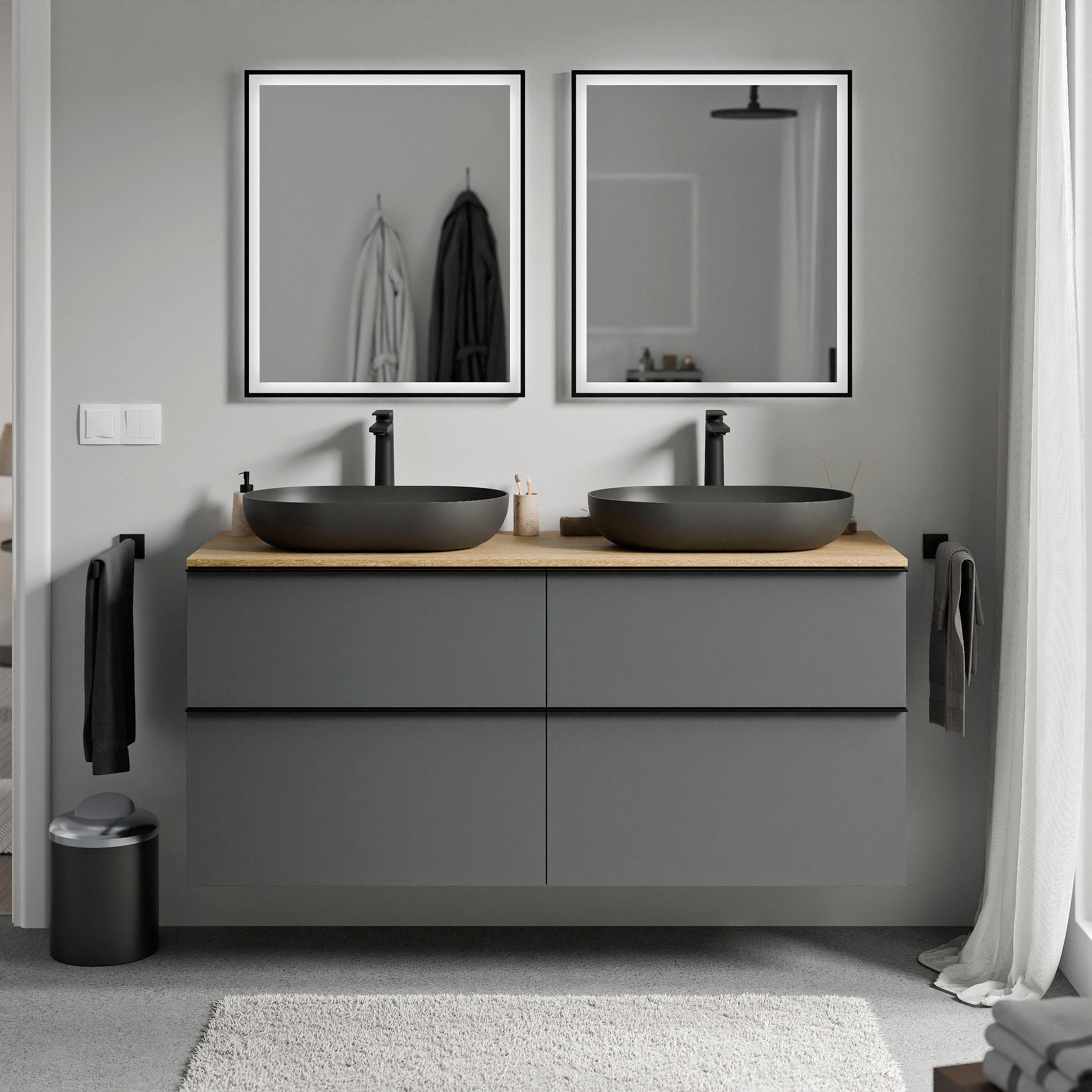 Bernstein LAVOA Szafka pod umywalkę wisząca MDF antracyt mat - Blat dąb miodowy - Uchwyty antracytowe - 140x46x62cm