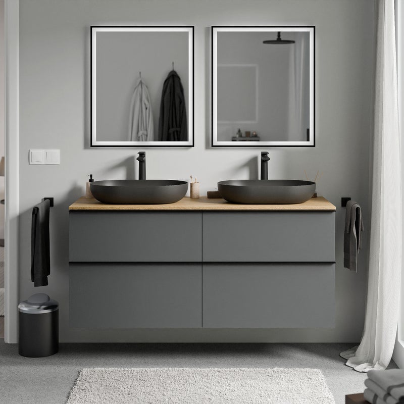 Bernstein LAVOA Szafka pod umywalkę wisząca MDF antracyt mat - Blat dąb miodowy - Uchwyty antracytowe - 140x46x62cm