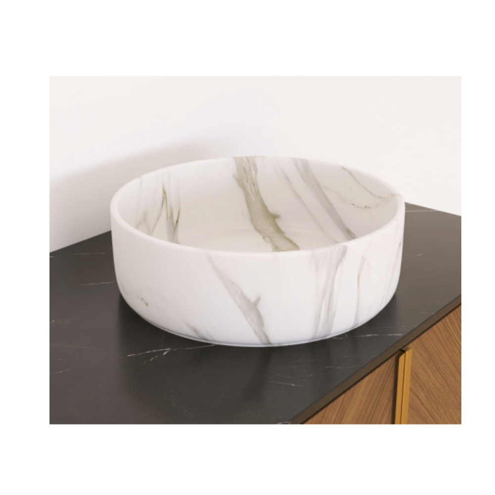 Umywalka nablatowa okrągła 36cm łazienka, styl marmurowy beżowa ceramiczna