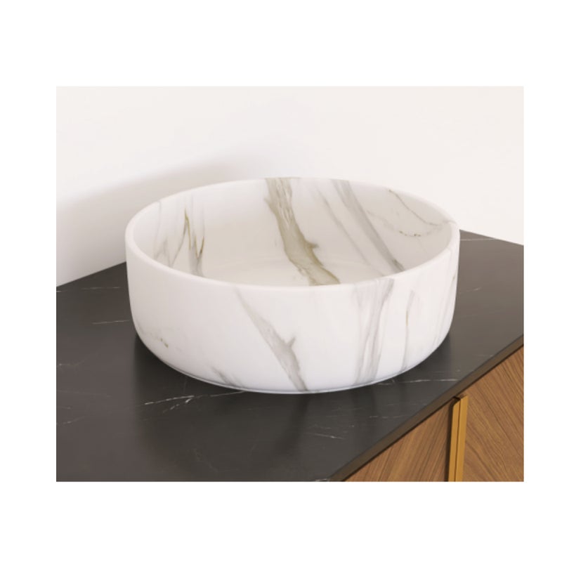 Umywalka nablatowa okrągła 36cm łazienka, styl marmurowy beżowa ceramiczna