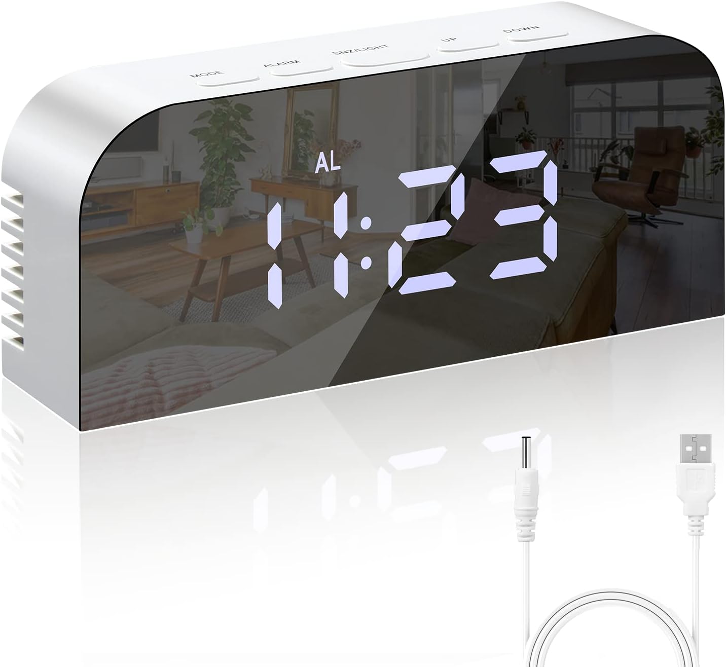 Cyfrowy budzik z lustrem, cyfrowy budzik z lustrem LED, budzik poranny, 2 poziomy jasności, 12/24H, z 2 portami USB do ładowania