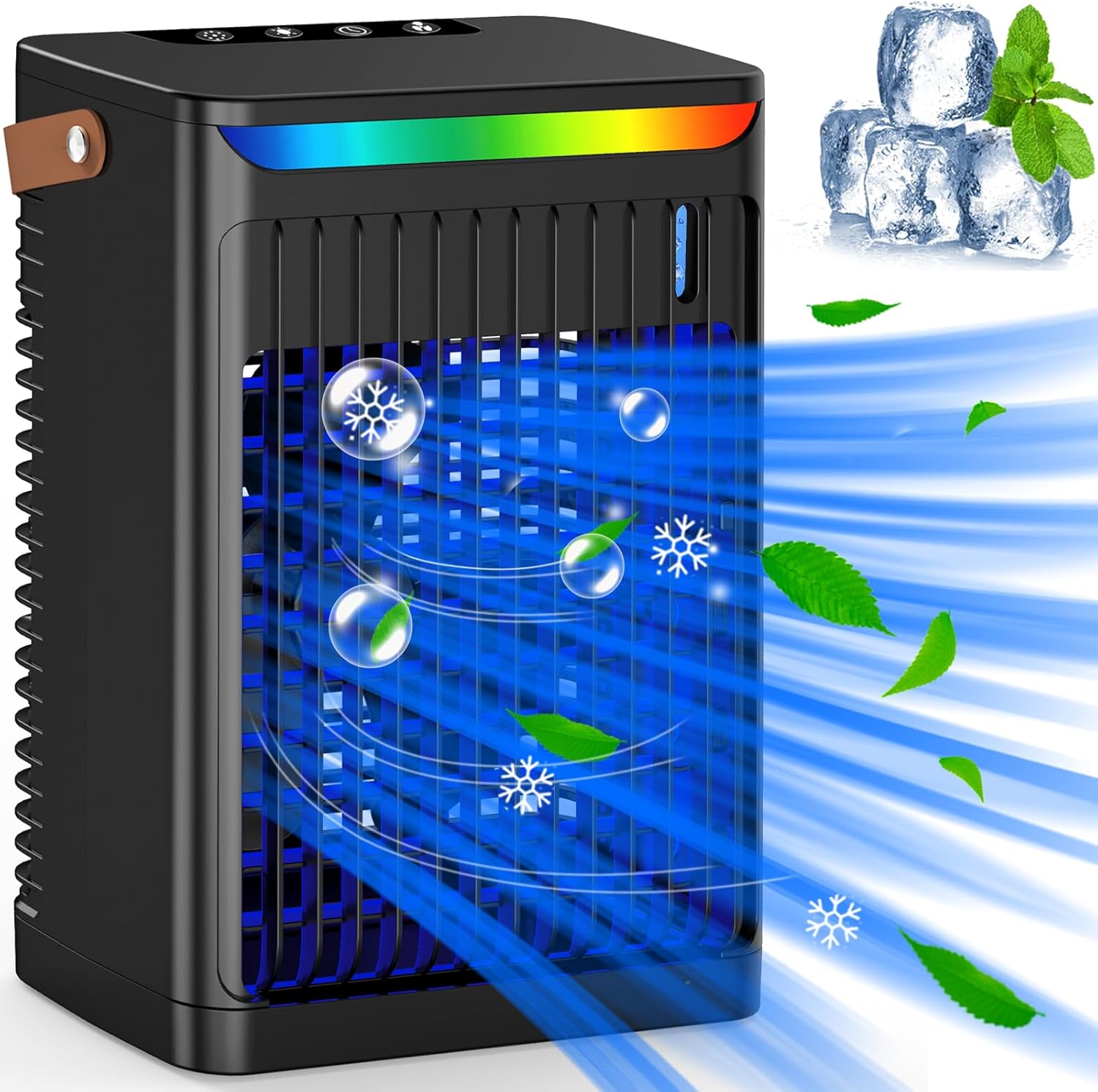 Przenośny mini klimatyzator z uchwytem, cichy, zasilany przez USB, timer 2/4/6 godzin, 5 prędkości, regulacja 60°