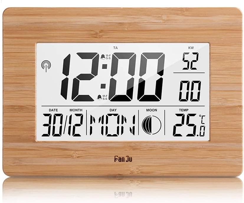 Radiobudzik ścienny z stacją pogodową, termometrem, kalendarzem, alarmem, funkcją drzemki, minutnikiem i fazą księżyca - duży wyświetlacz cyfrowy