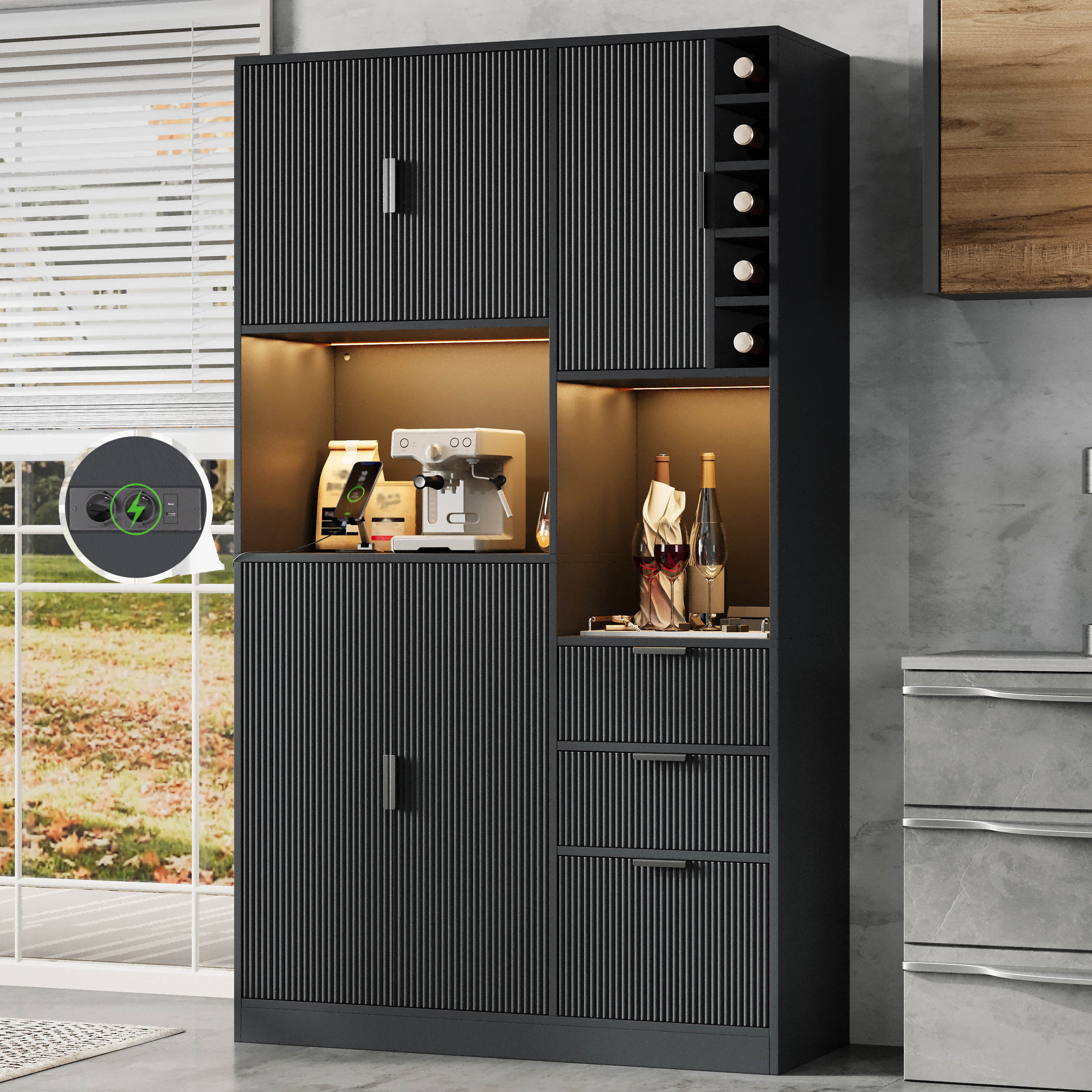 Kredens kuchenny z 5 drzwiami, 3 szufladami i regałem na wino - Szafka do przechowywania - 180 x 105 x 40 cm - Diody LED - Płyta MDF - Czarny