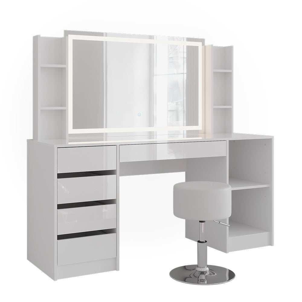 Vicco Stół do toalety Sherry, Biały/Biały wysoki połysk, 158.2 cm z lustrem LED i stołkiem