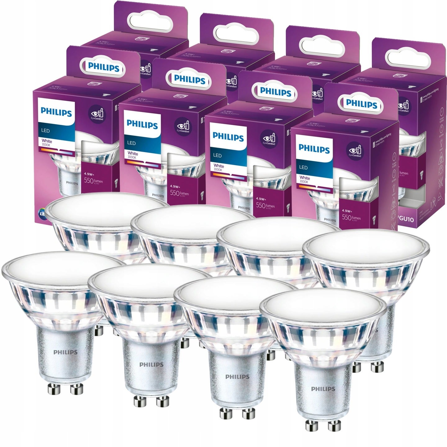 8x Żarówka LED GU10 Reflektor PAR16 4.9 W 550lm 3000K Ciepła biel 120st. LED Classic Philips