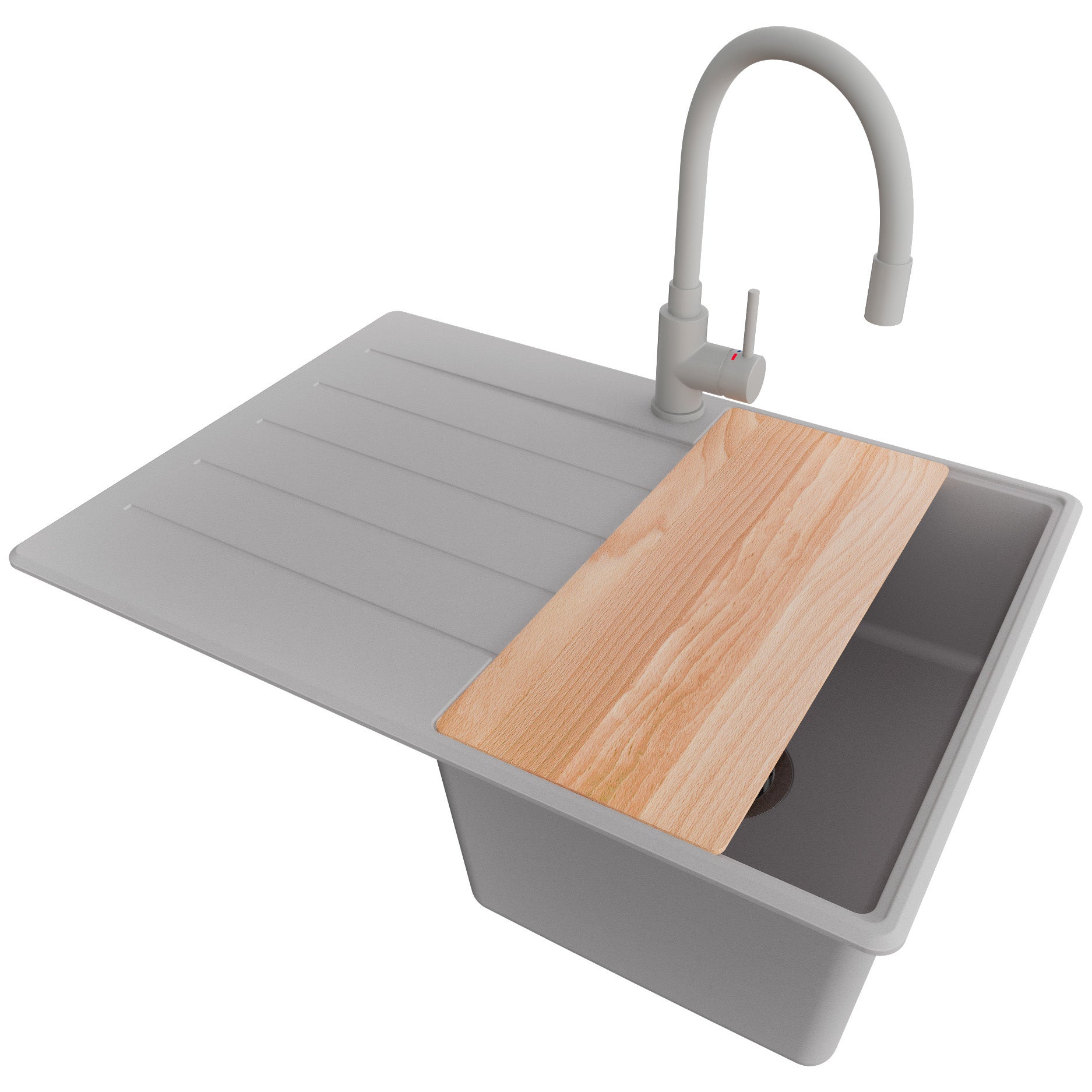 Zlewozmywak Granitowy Szary 70x50cm, Zlew Kuchenny 1 Komorowy + Bateria 38x14cm + Syfon + Deska, Nablatowy do szafki od 40cm - Kopenhaga PRIMAGRAN