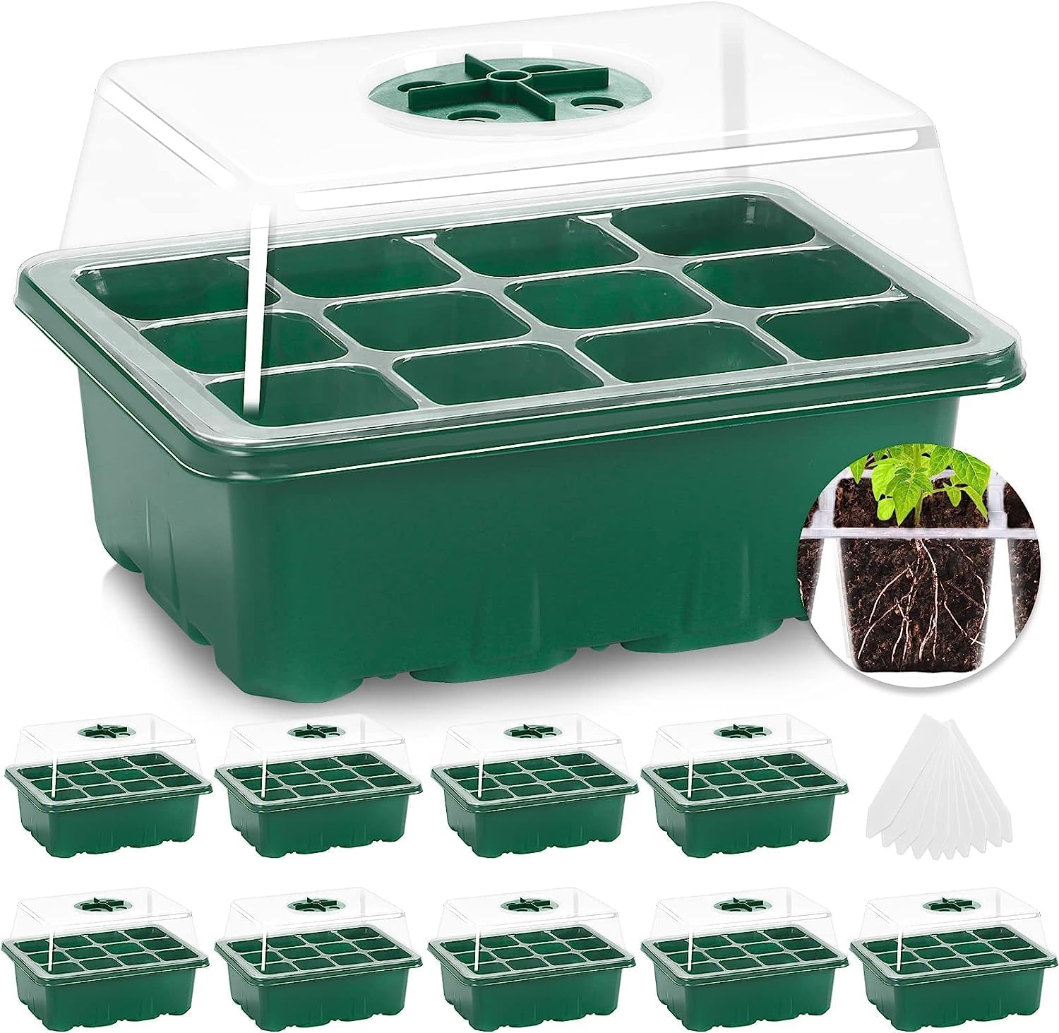 Zestaw 10 plastikowych tacek do wysiewu z 12 otworami, oddychająca pokrywa, skrzynka do wysiewu sukulentów, doniczka do wysiewu ogrodniczego