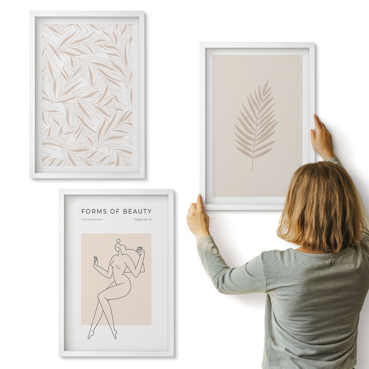 Galeria ścienna 3-częściowy komplet obrazów w białych ramach - Motywy minimalistycznym stylu botaniczne wzornictwo - ArtPrintCave