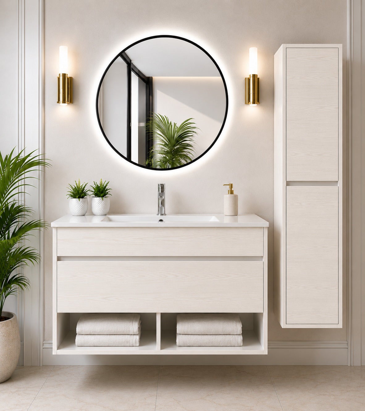 Wisząca szafka łazienkowa z umywalką ORIGENBATH NEBARI z szufladą z kolumną 100x45 cm biały nordycki z kolumną