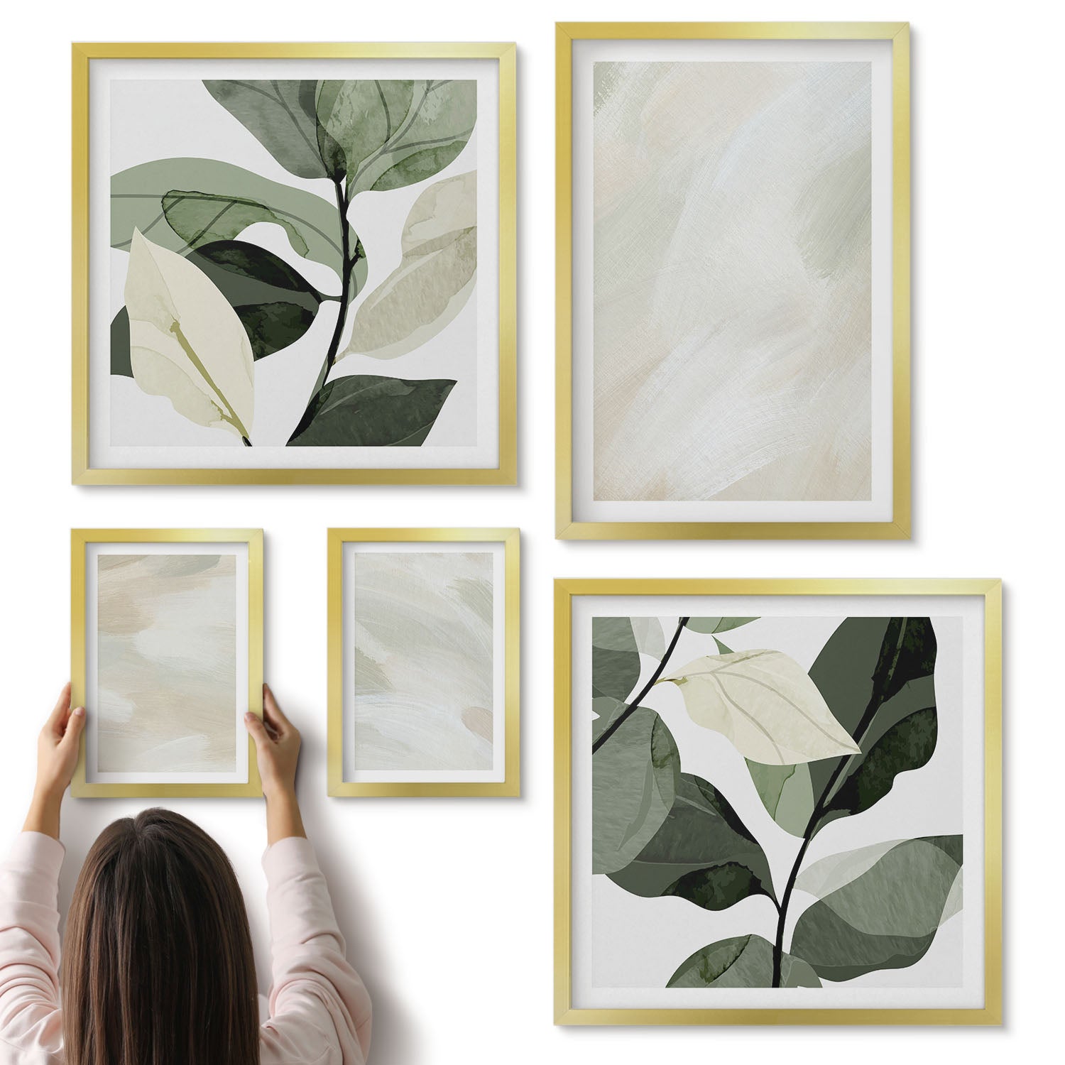 Galeria ścienna 5-częściowy komplet obrazów w złotych ramach - Jasne farby abstrakcja na płótnie styl delikatny boho - ArtPrintCave