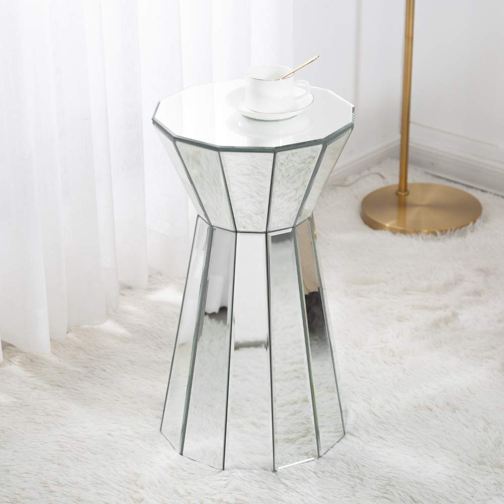 Szklany stolik pomocniczy srebrny 55 cm, designerski, nowoczesny, do salonu, biura, stół boczny w kształcie bębna, gotowy do użycia