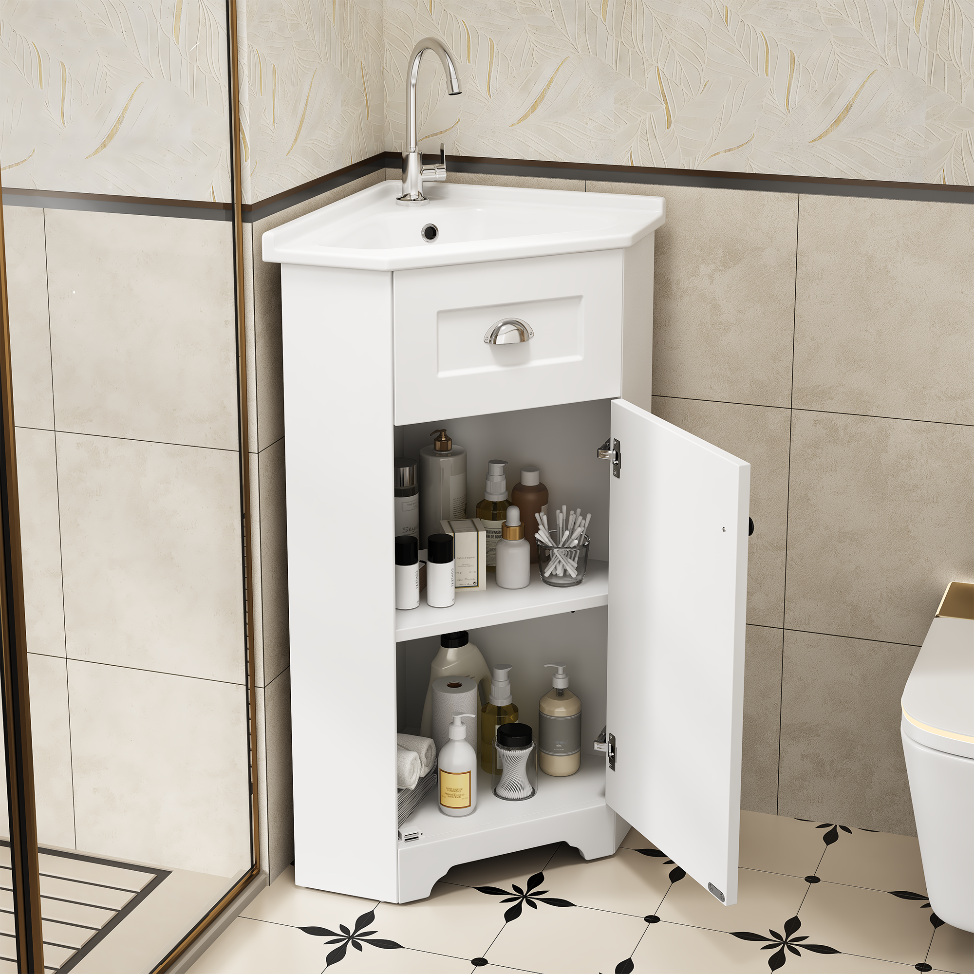 Szafka łazienkowa zajmująca mało miejsca, model stojący na podłodze z pojedynczą umywalką, wodoodporny korpus MDF, umywalka ceramiczna