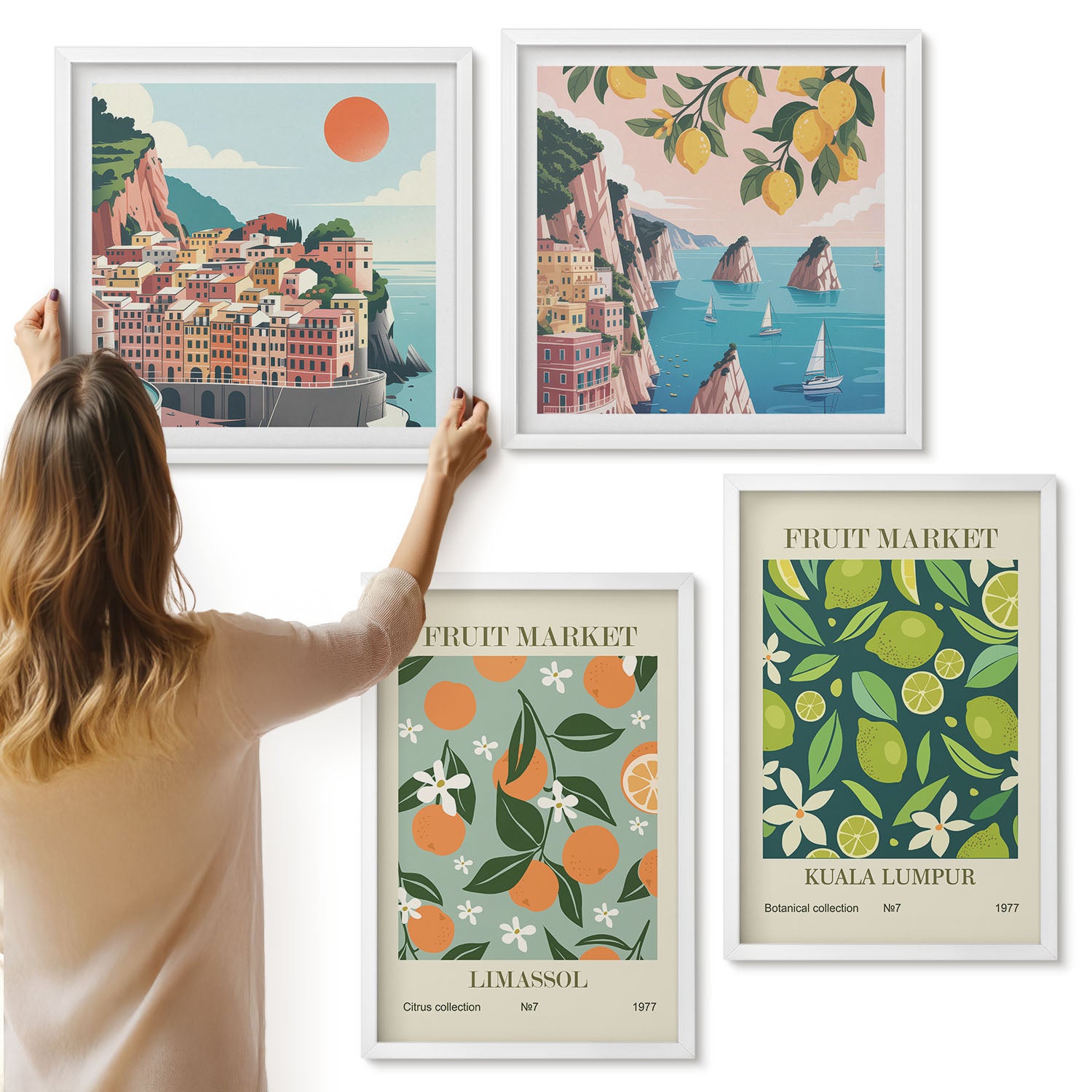 Galeria ścienna 4-częściowy komplet obrazów w białych ramach - Owocowe wzory postery w stylu vintage - ArtPrintCave