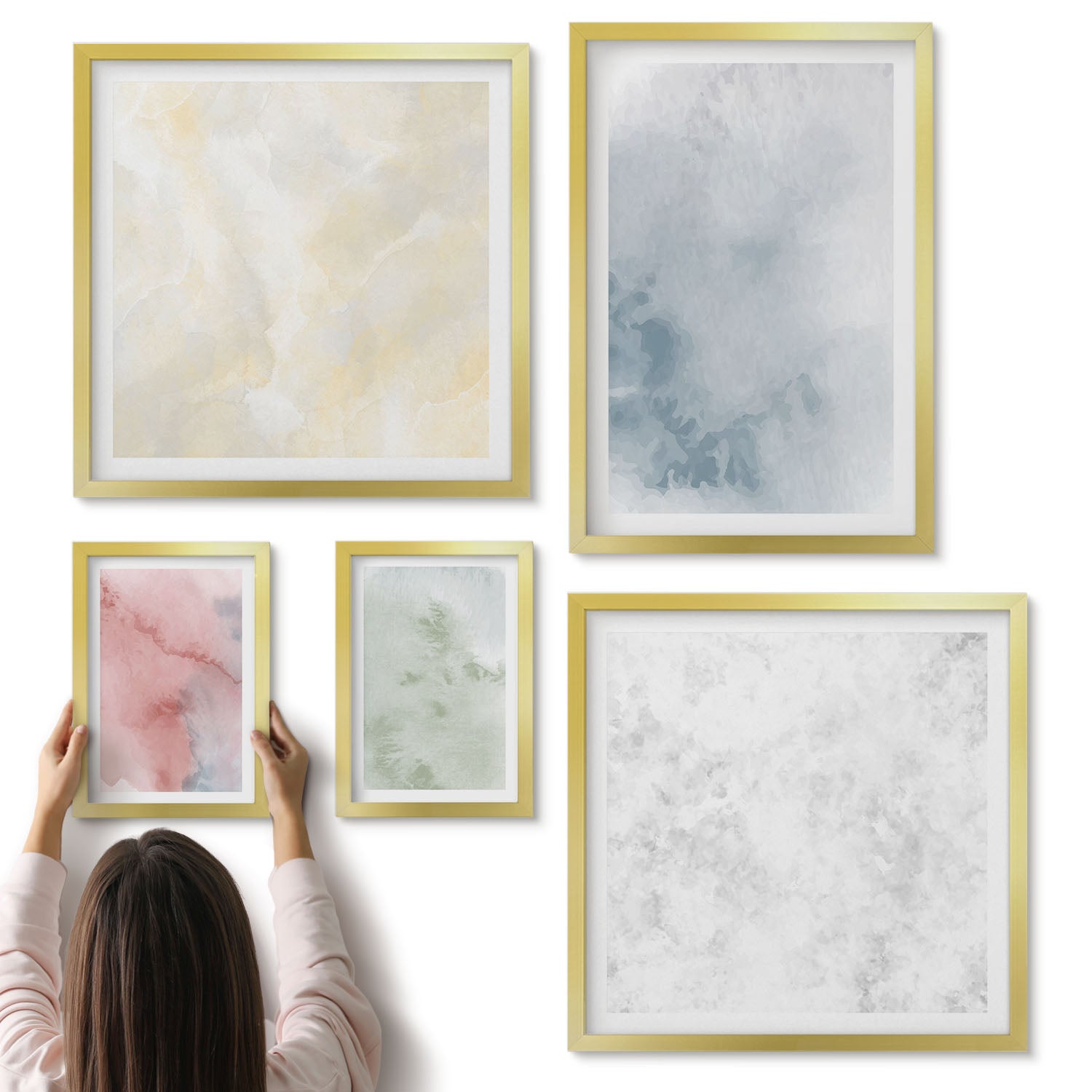 Galeria ścienna 5-częściowy komplet obrazów w złotych ramach - Pastelowe struktury kolorowe akwarele na płótnie - ArtPrintCave