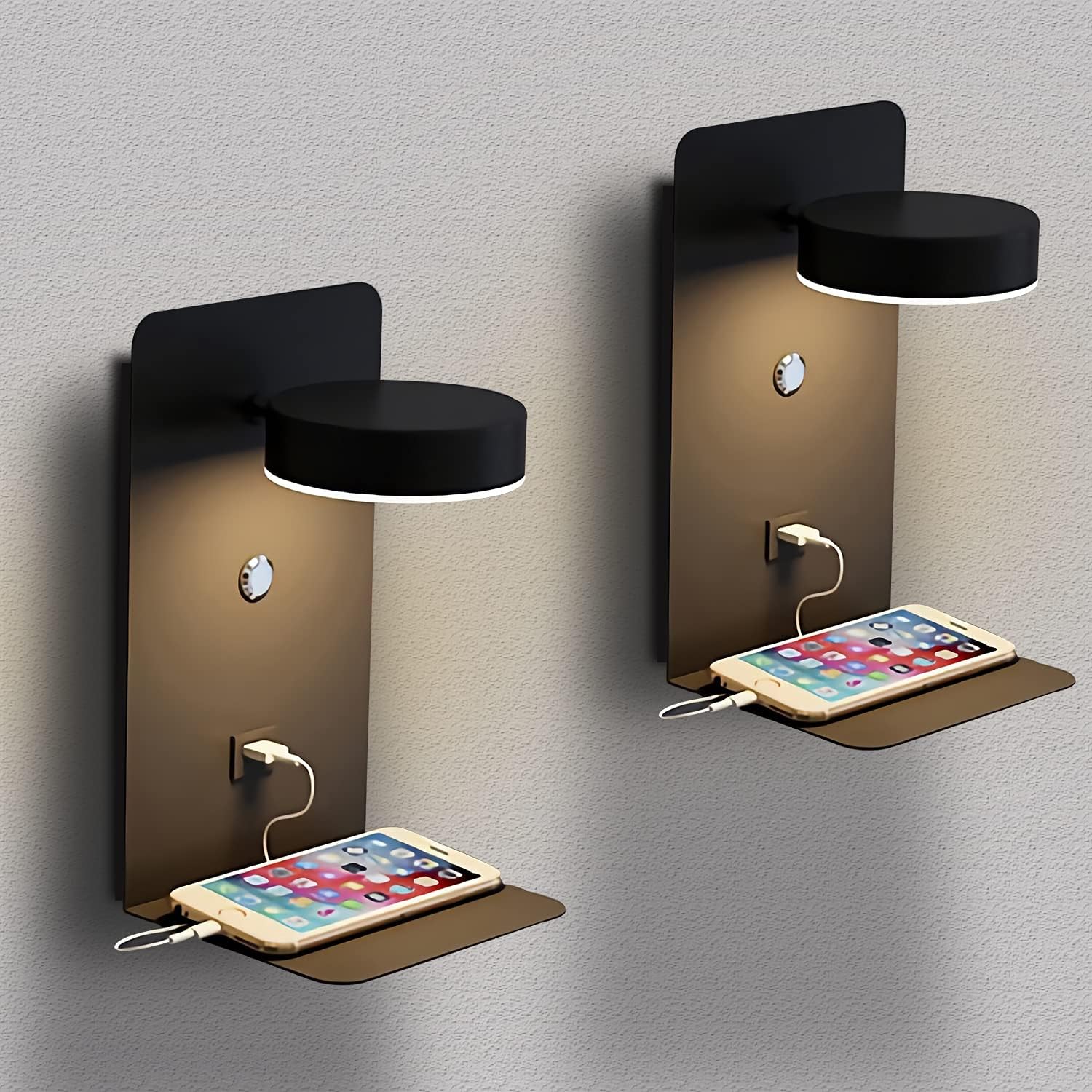 Zestaw 2 lampek ściennych LED do sypialni z portem ładowania USB, ściemnialna lampa ścienna dotykowa, 12 W, czarna lampa ścienna do wnętrz z kab