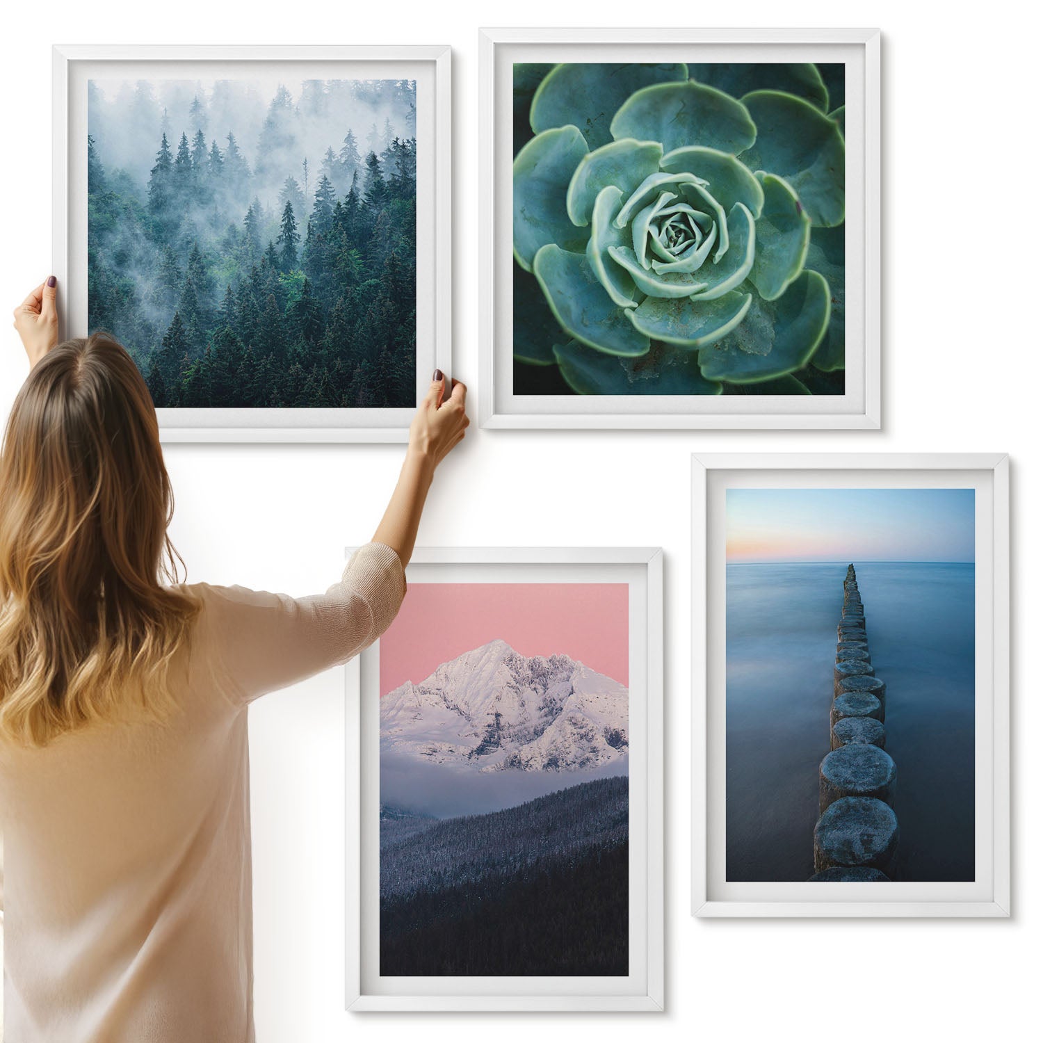 Galeria ścienna 4-częściowy komplet obrazów w białych ramach - Góry z różowym niebem woda i zielony sukulent - ArtPrintCave